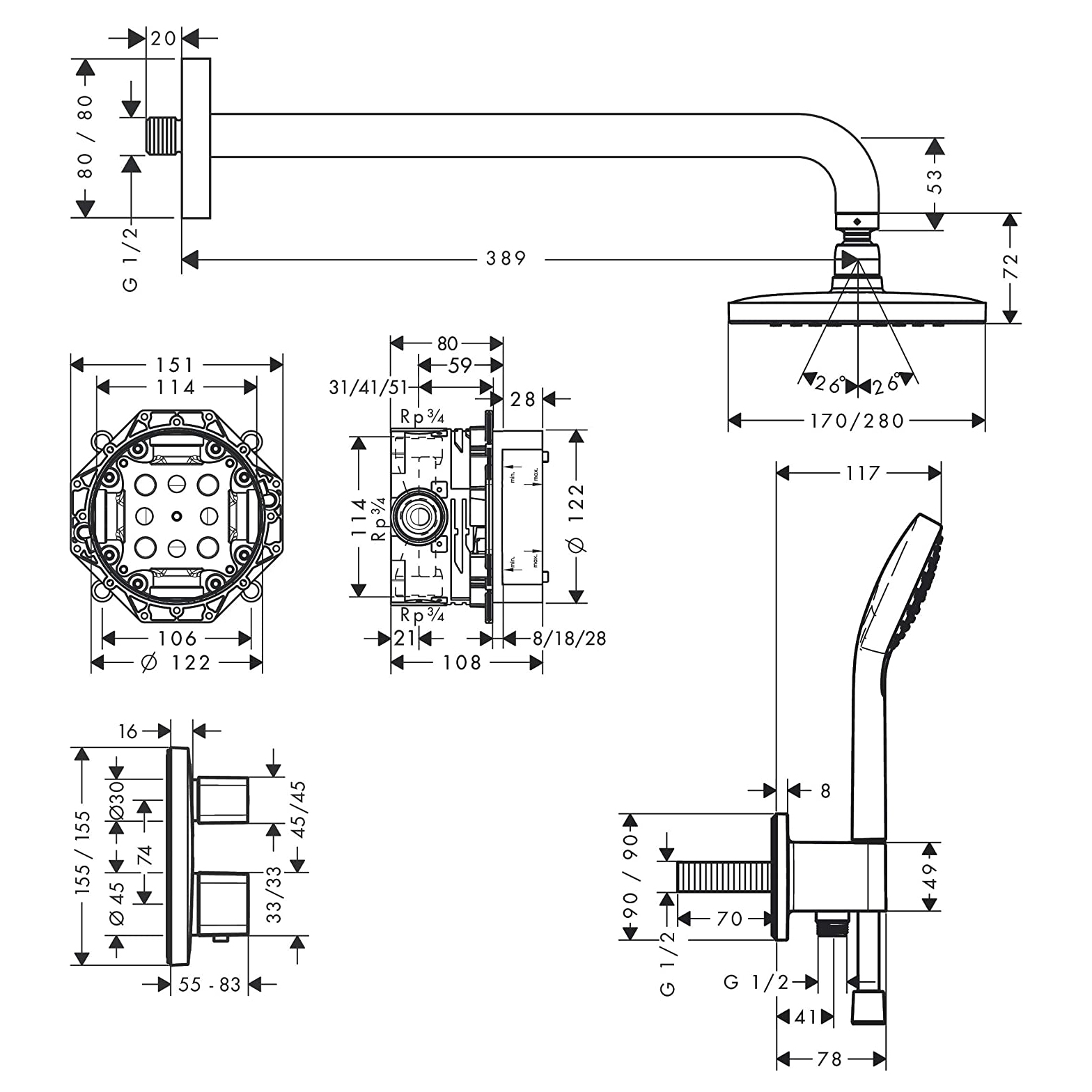 Takdusjsett Hansgrohe Croma E 280 Ecostat E for Innbygging 1jet