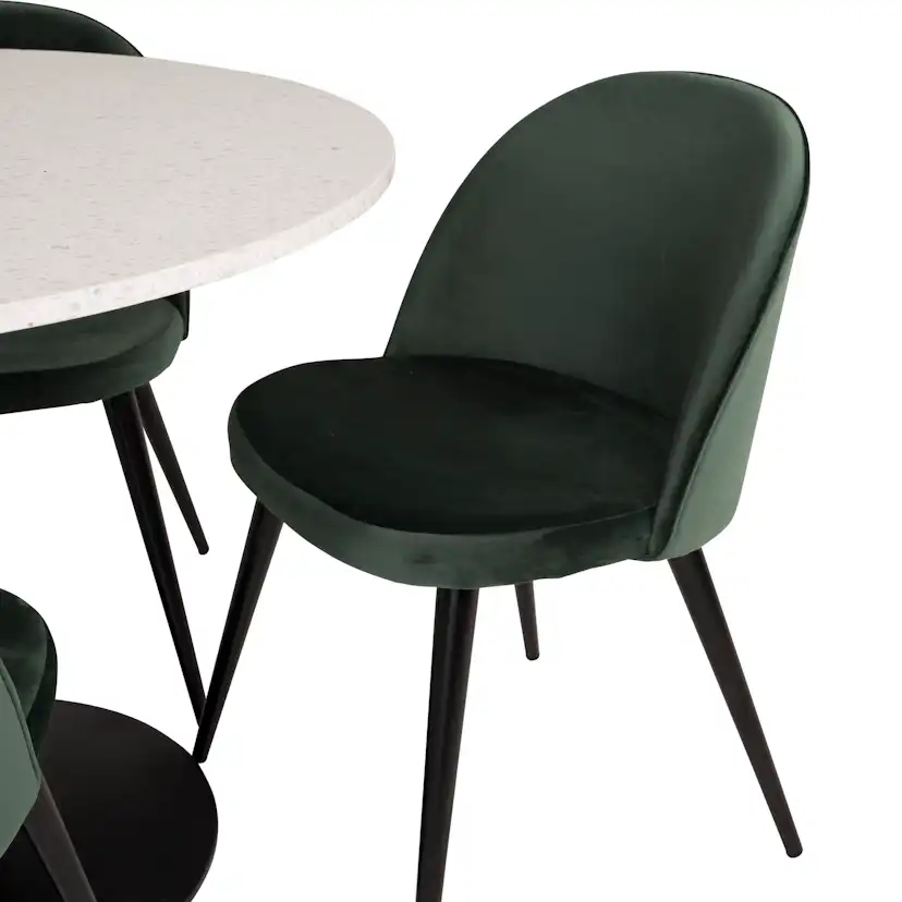 RazziaBord106cm-VitTerazzo/Black+Stol-Svart/MossgrönSammet4 Hvit Bord med Sort Bein, Grønn Stol med Sort Bein