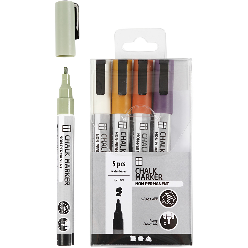 Chalk markers, dova färger, spets 1,2-3 mm, 5 st./ 1 förp. Duse Farger
