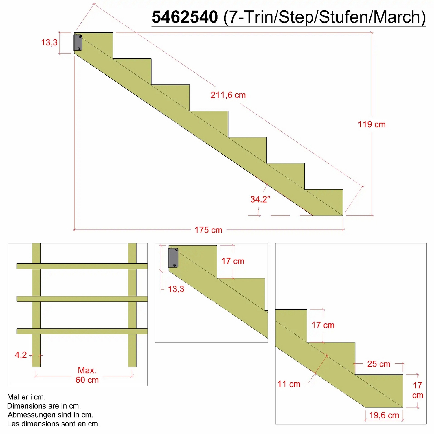 Trappevange PLUS Trinndybde 25cm med Beslag