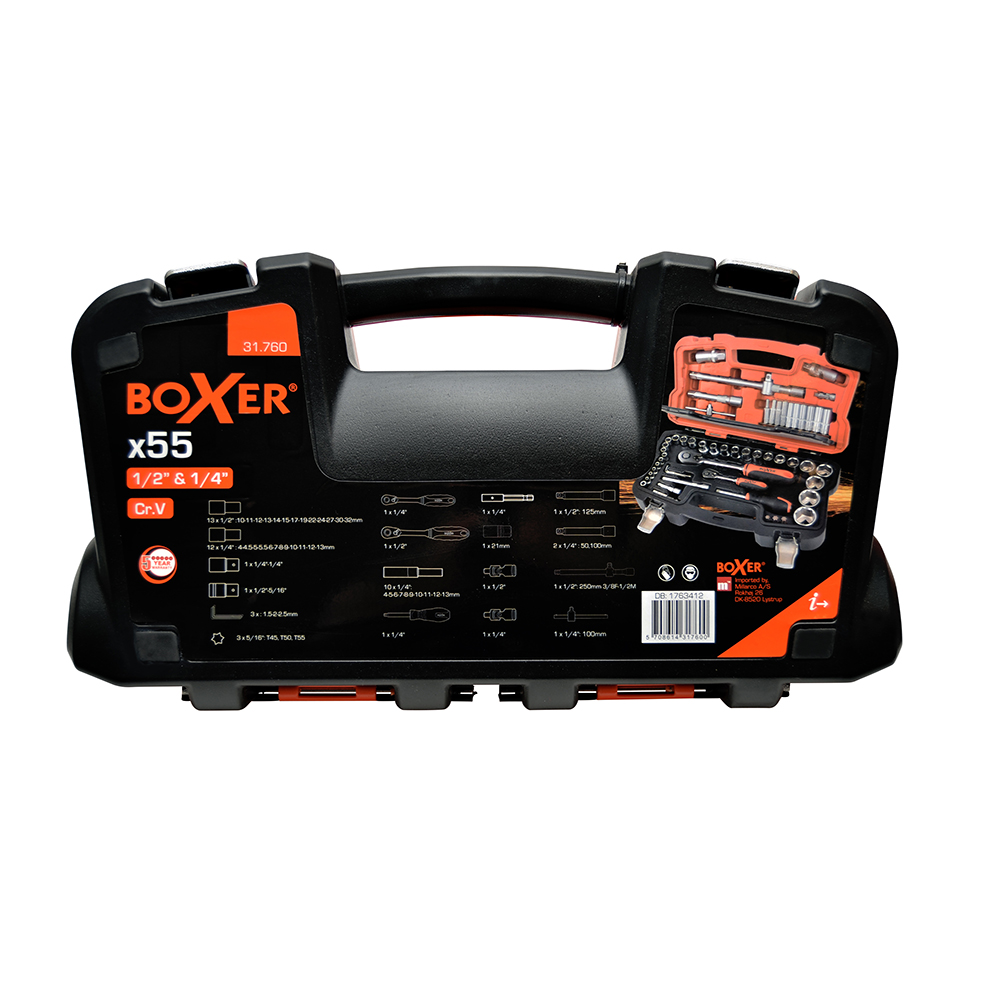 Pipenøkkelsett Boxer 1/4-1/2 tommer-55-deler