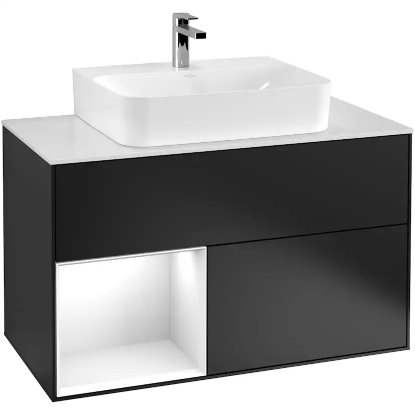 Tvättställsskåp Villeroy & Boch Finion G111GFPD Svart Mattlack/Vit Högblank med bänkskiva i Mattvitt glas med Väggbelysning, Lucka Vänster