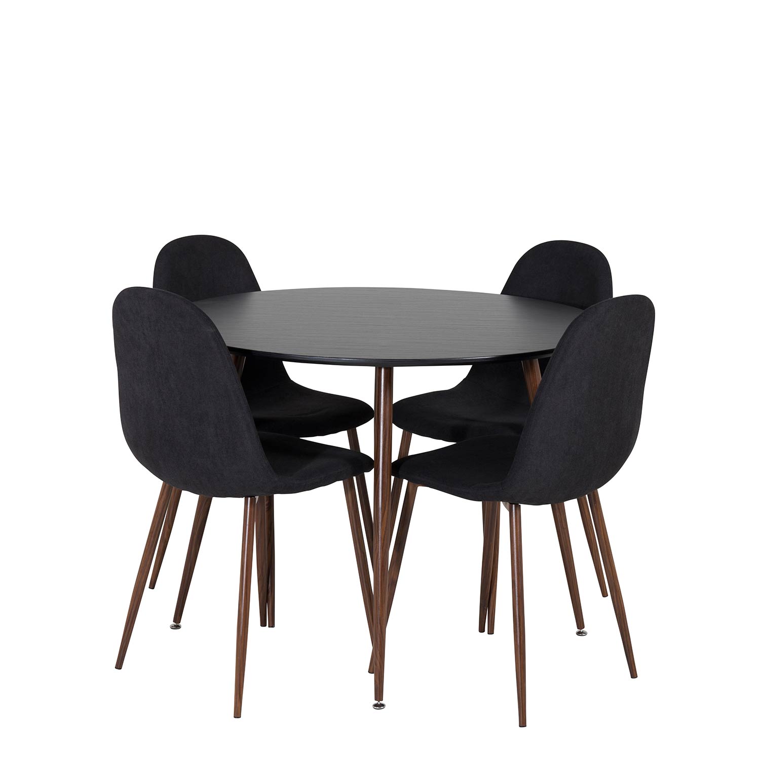 Plaza Round Table Black Top +Polar Chair - Black Fabric_4 Sort Bord med Valnøtt Bein, Sort Stol med Valnøtt Bein