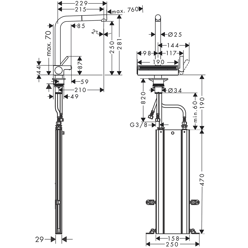 Kjøkkenbatteri Hansgrohe Aquno Select M81 250 2-jet med Uttrekkbar Tut