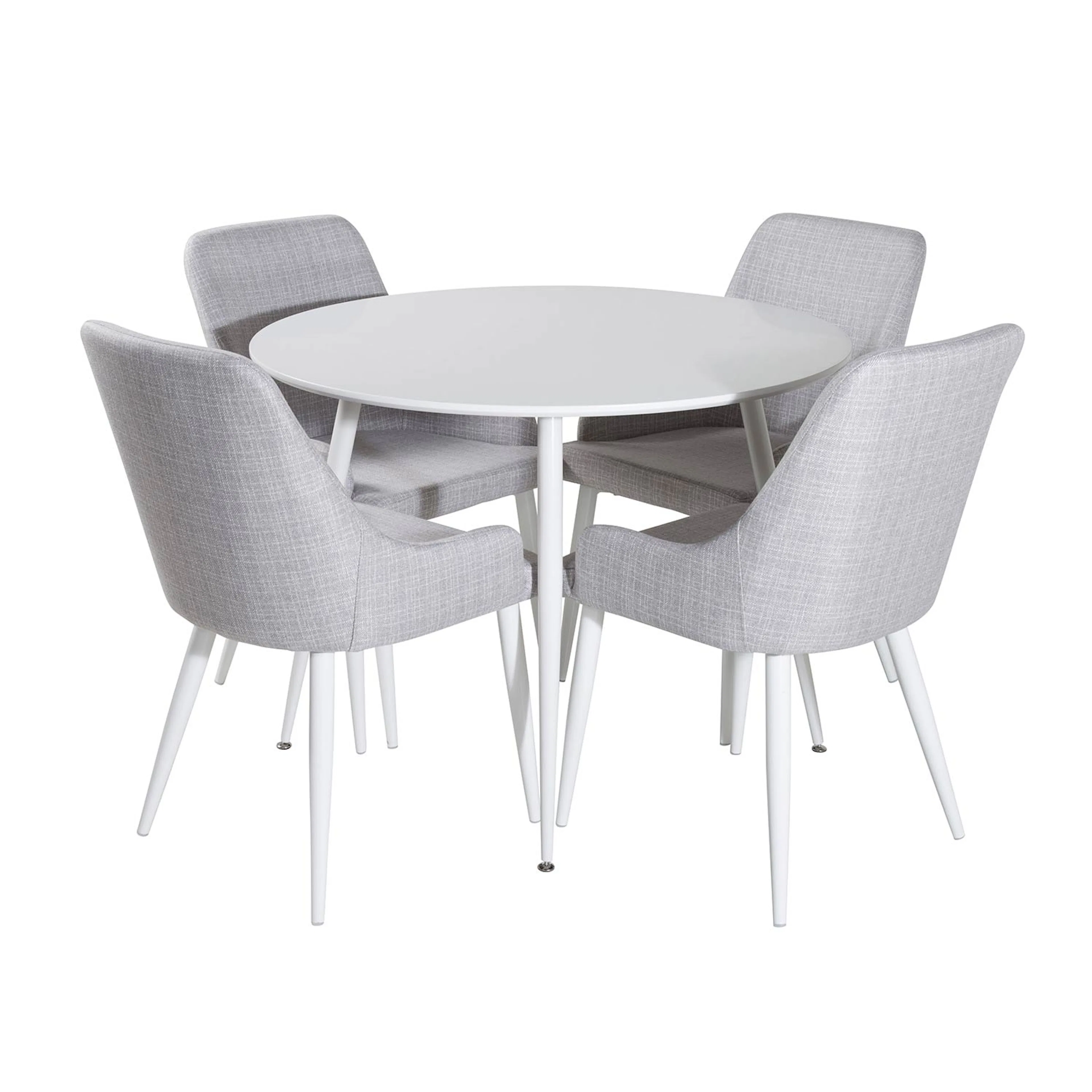 Plaza Round Table -White top /Plaza chair-Light grå Fabric_4 Hvitt Bord med Hvita Bein, Lysegrå Stol med Hvita Bein