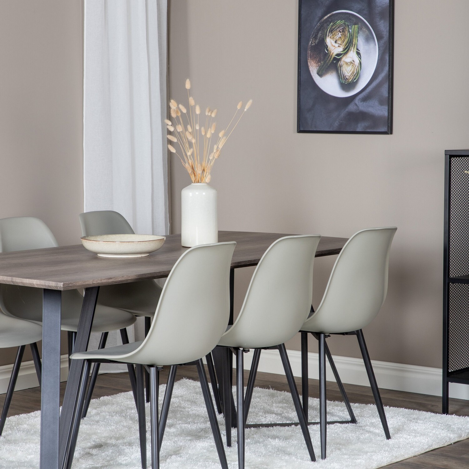 Marina Dining Table 180x90 cm+Polar Plastic Dining Chair Grå/Sort/Grå
