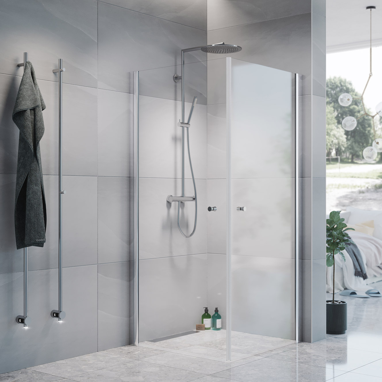 Spirit Rak 80x100 Ma Kl 800x1000x1970 mm, Matt Aluminium, Klart Glass med Knott