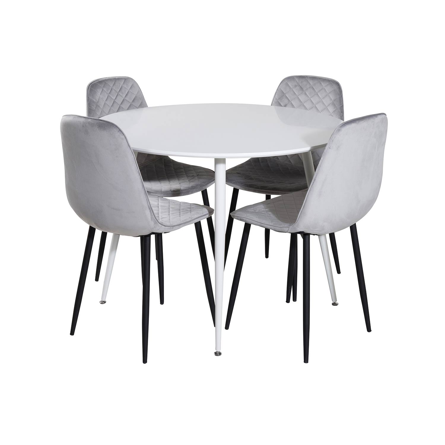 Plaza Round Table-White top/Polar Diamond Chair-gråVelvet_4 Hvit/Grå/Sort