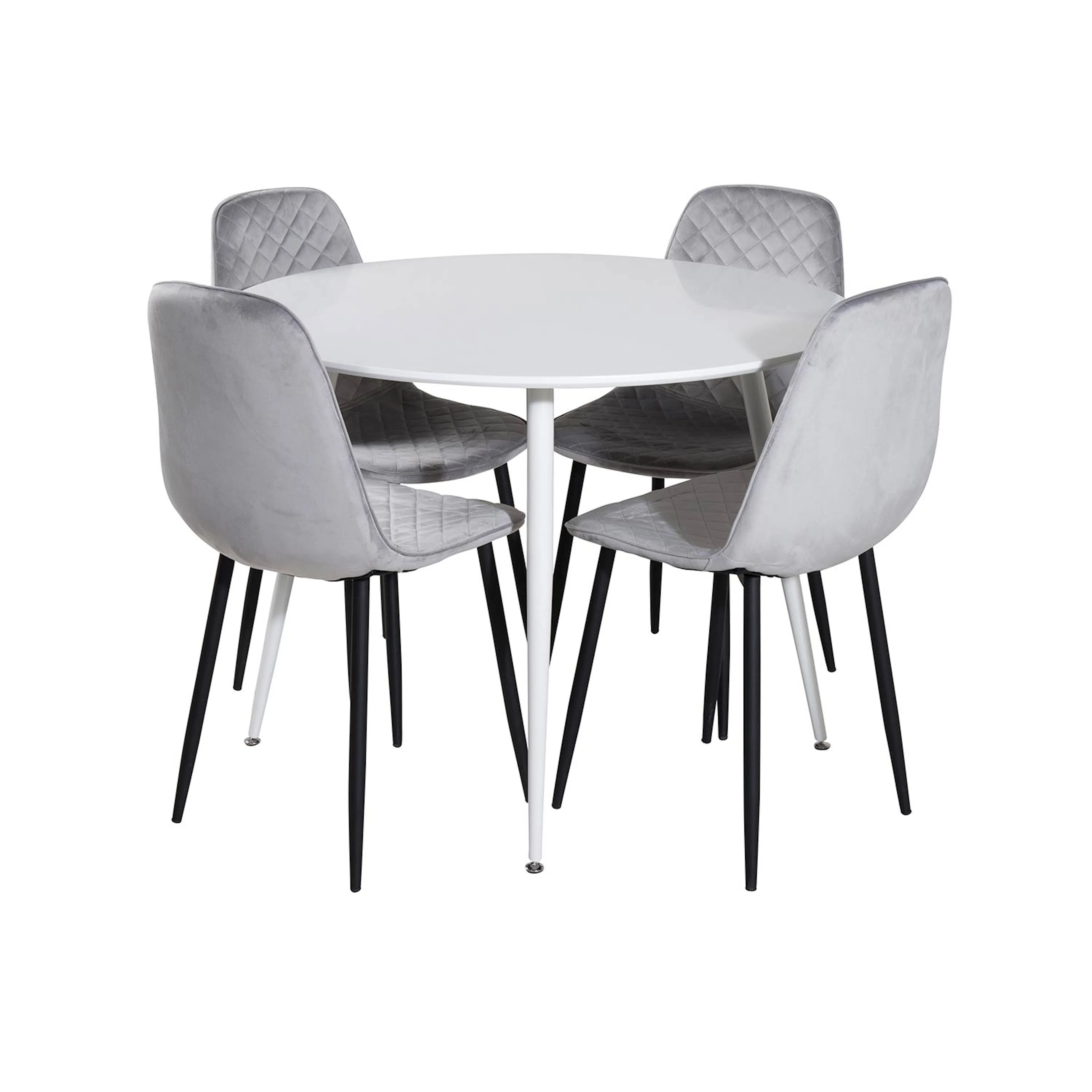 Plaza Round Table-White top/Polar Diamond Chair-gråVelvet_4 Hvit/Grå/Sort