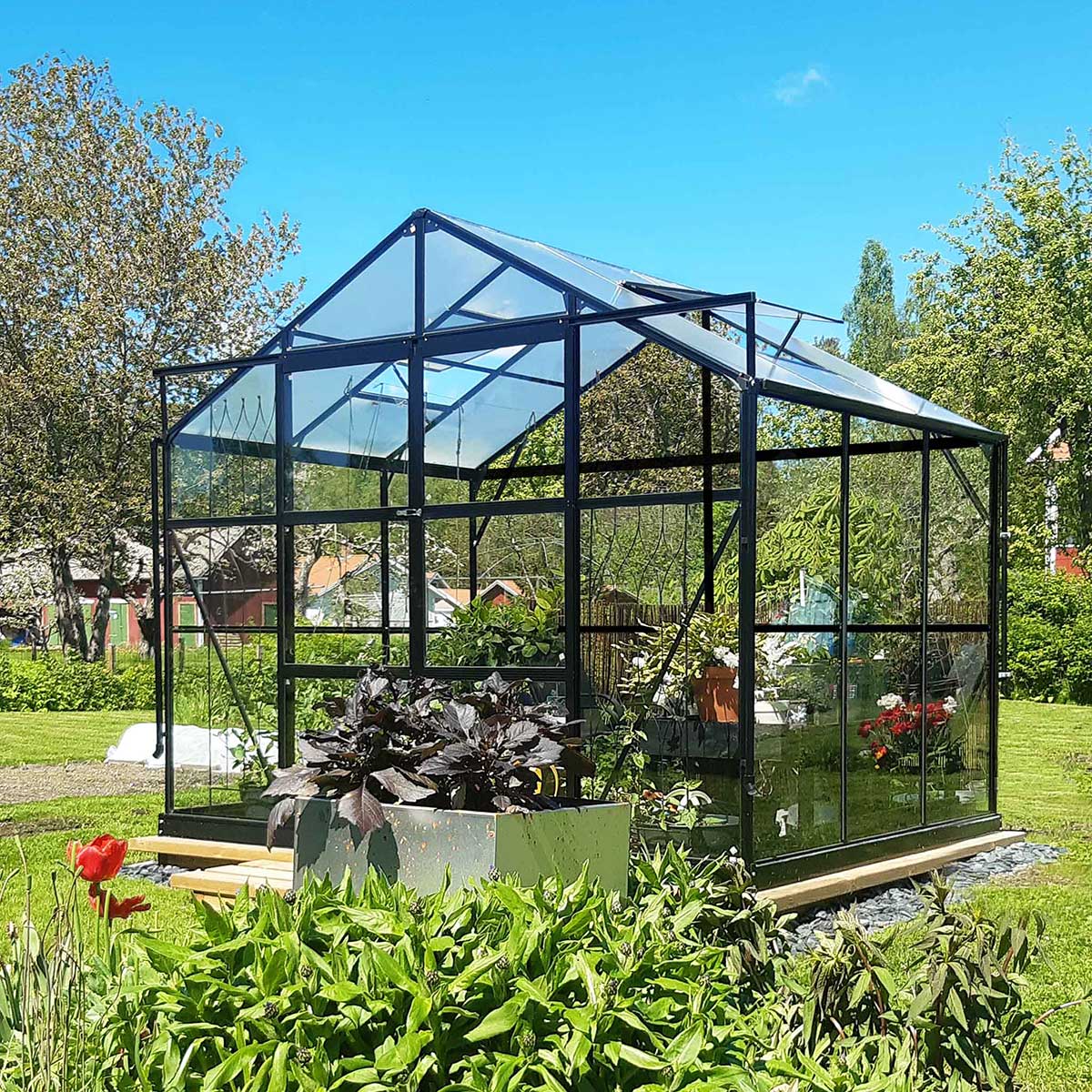 Växthus, 4,85m2, glas, pc tak (189x257x228CM),svar Sort