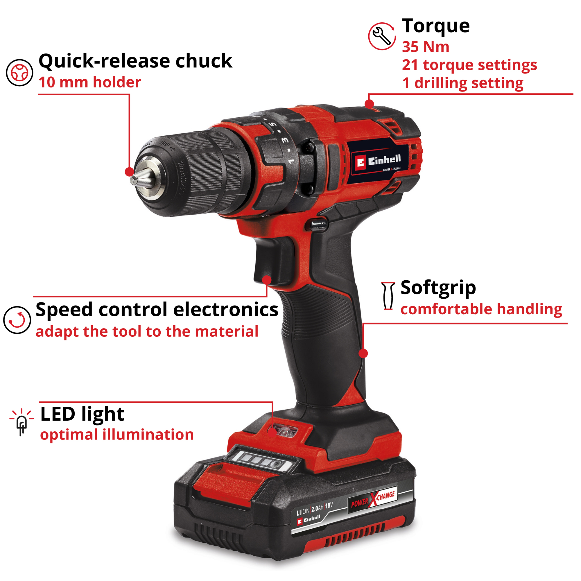 Boremaskin Einhell TC-CD 18/35 Li Trådløs med 1x2,0 Ah Batteri