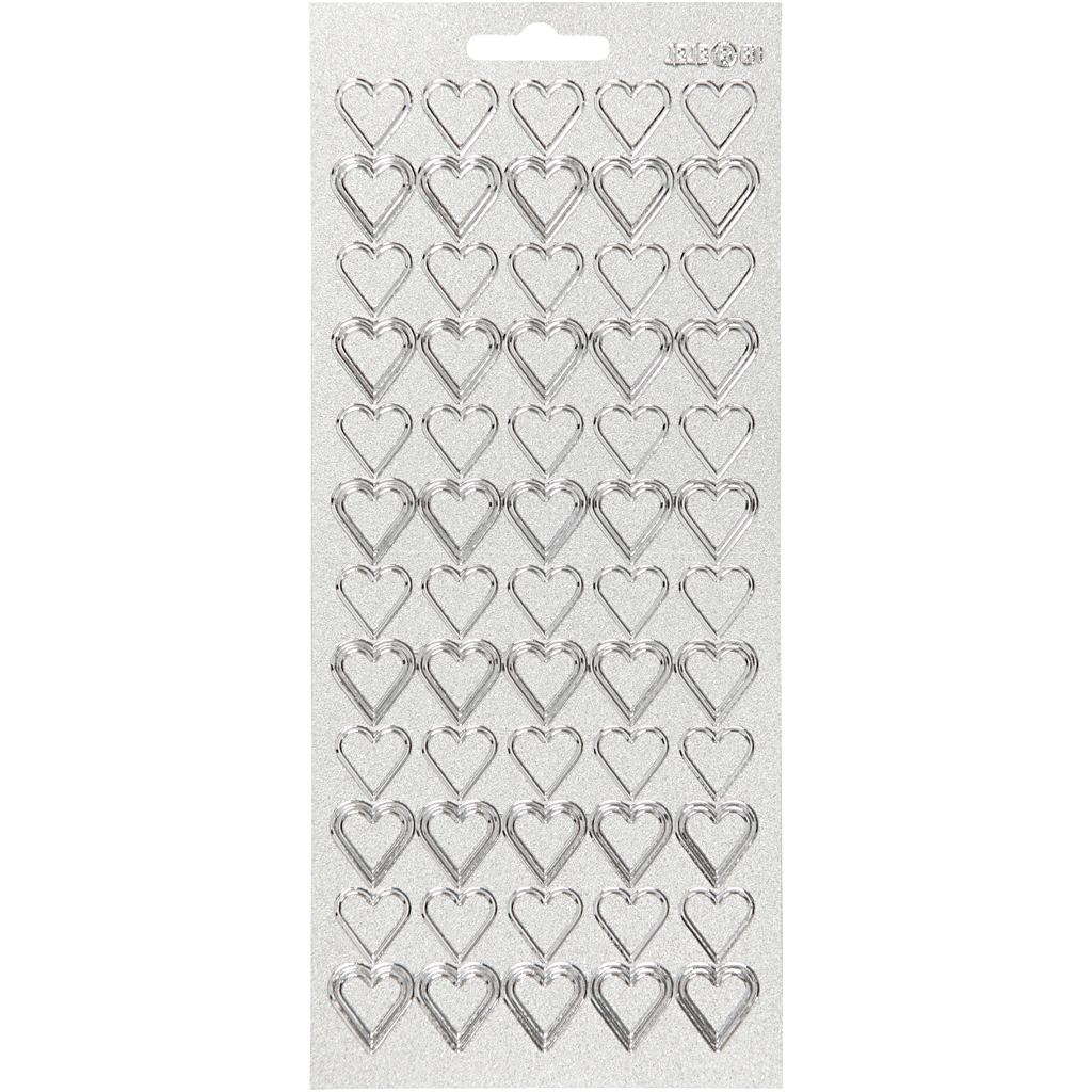 Stickers, silver, hjärtan, 10x23 cm, 1 ark Sølv