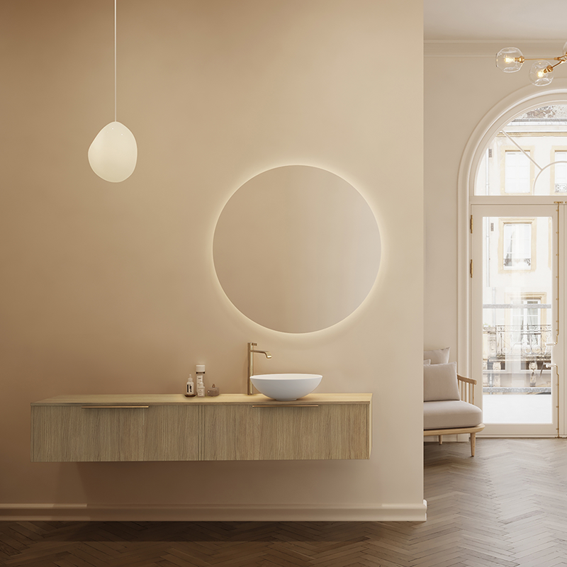 Møbelpakke FOSSBAD New Block 180 Lys eik med Benkeplate og Calice Solid Surface Servant og Moon Speil