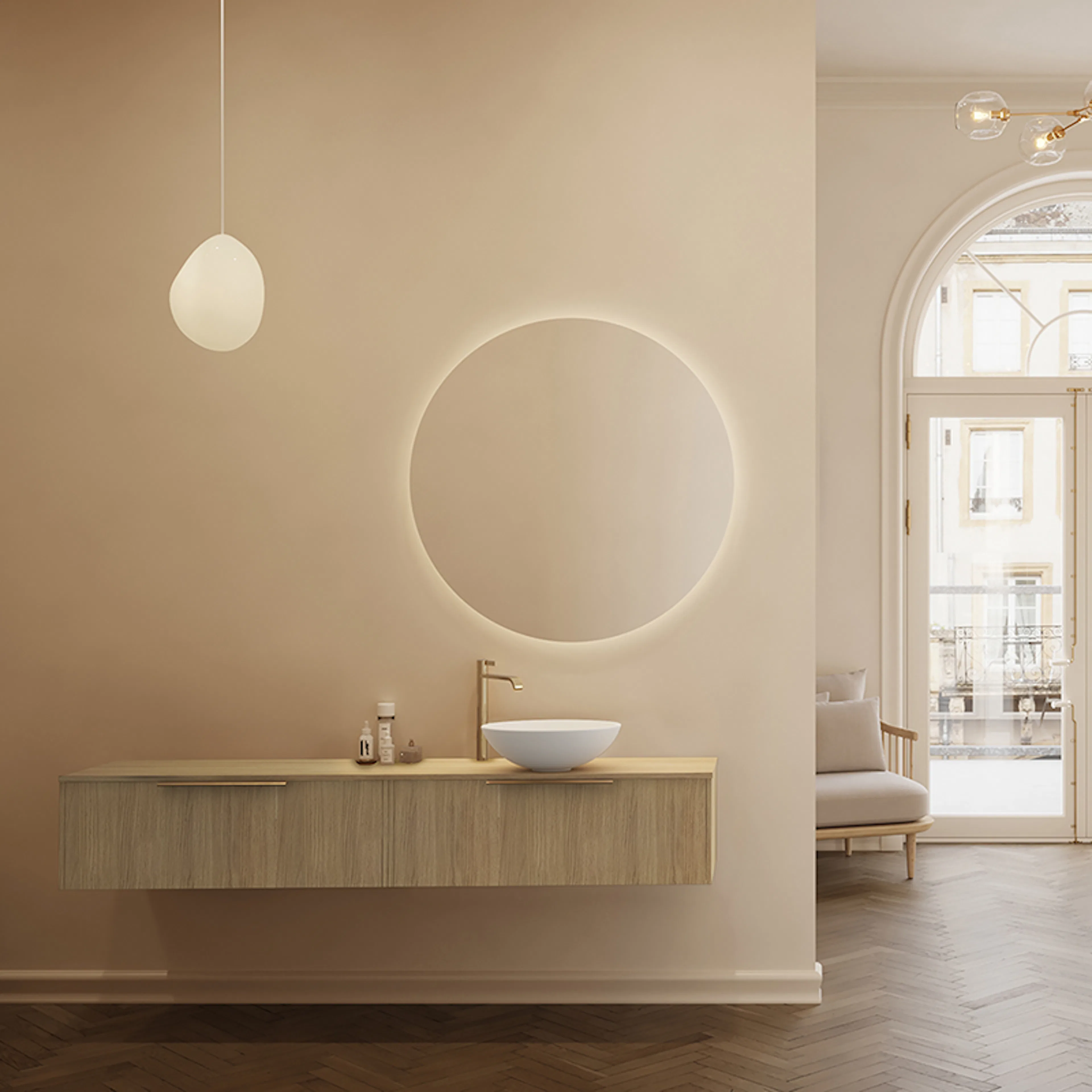 Møbelpakke FOSSBAD New Block 180 Lys eik med Benkeplate og Calice Solid Surface Servant og Moon Speil