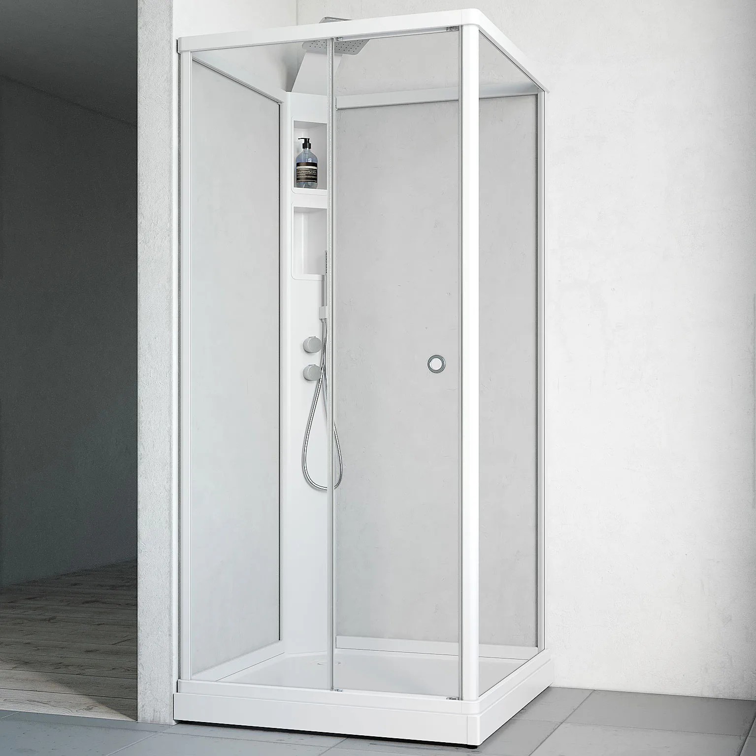 Flow kab Front InfBl 9x9 V KL 910x910 mm, Vit Profil, Klarglas