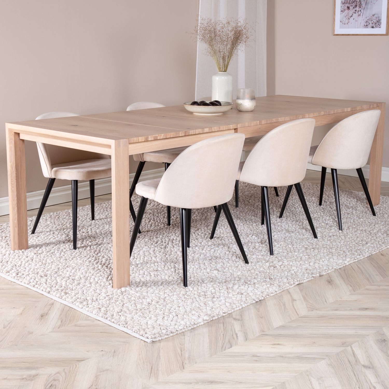 Slider Extention Table - White Wash+ Dining Chair - Beige Lyse Eik/Beige