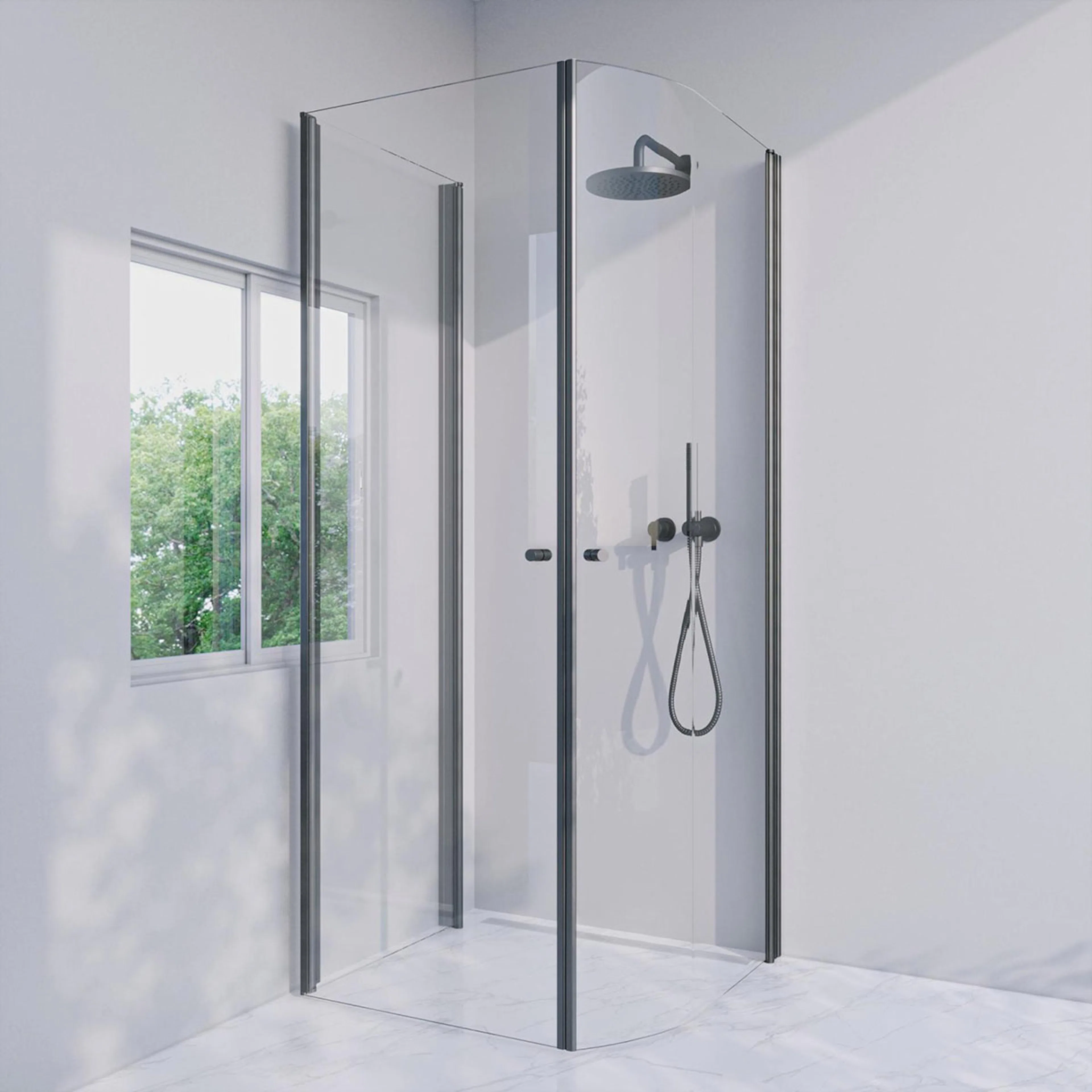 Invitrea Prime PH43/Högerhängd/84x90/Mattsvart/Fingergreppsk Storlek: 84x900 mm, Glastyp: Klarglas, Handtag: Fingergreppsknopp, Profil: Mattsvart, Hängning: Högerhängd