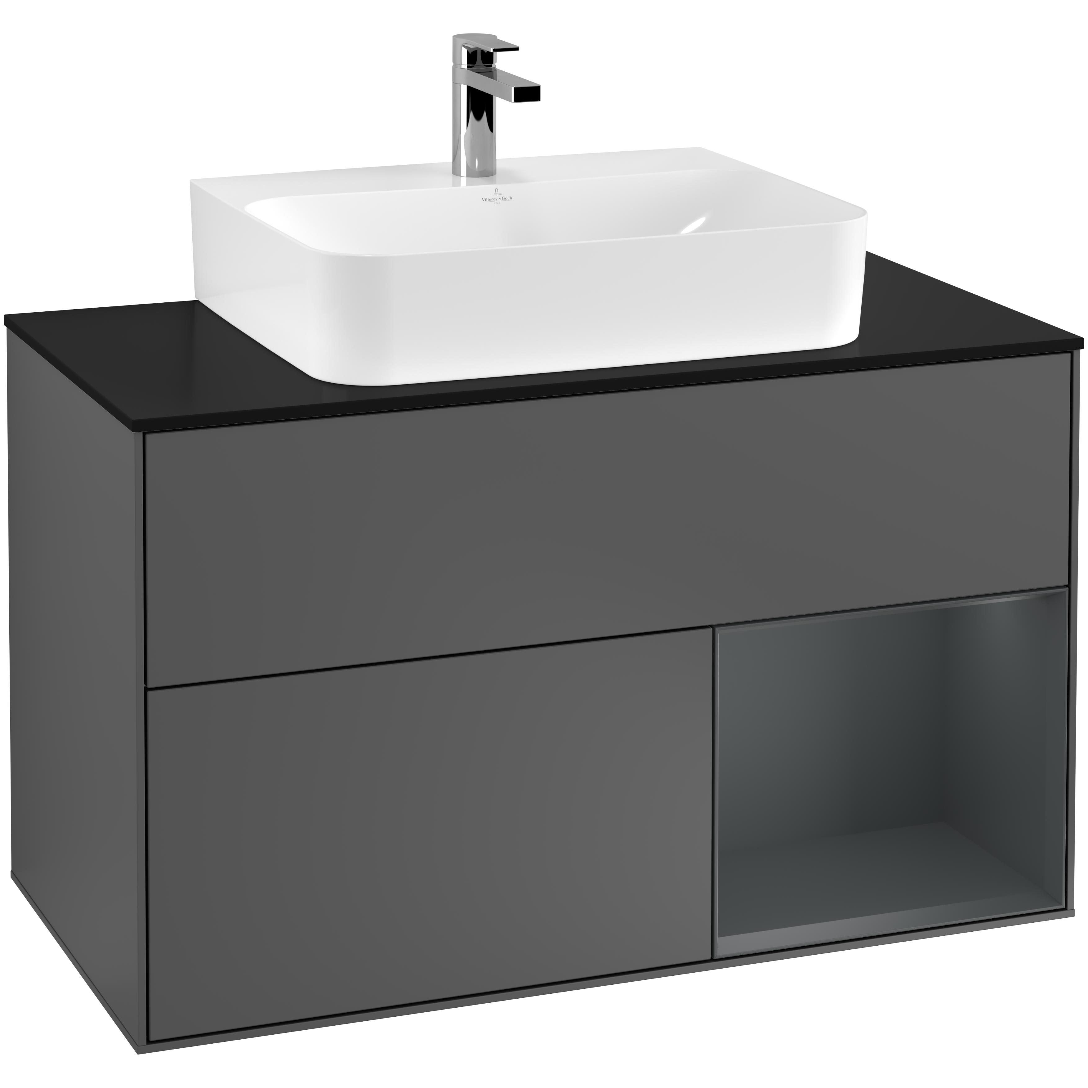 Tvättställsskåp Villeroy & Boch Finion G122HGGK Antracitgrå Mattlack/Midnattsblå Mattlack med bänkskiva i Mattsvart glas med Väggbelysning, Lucka Höger