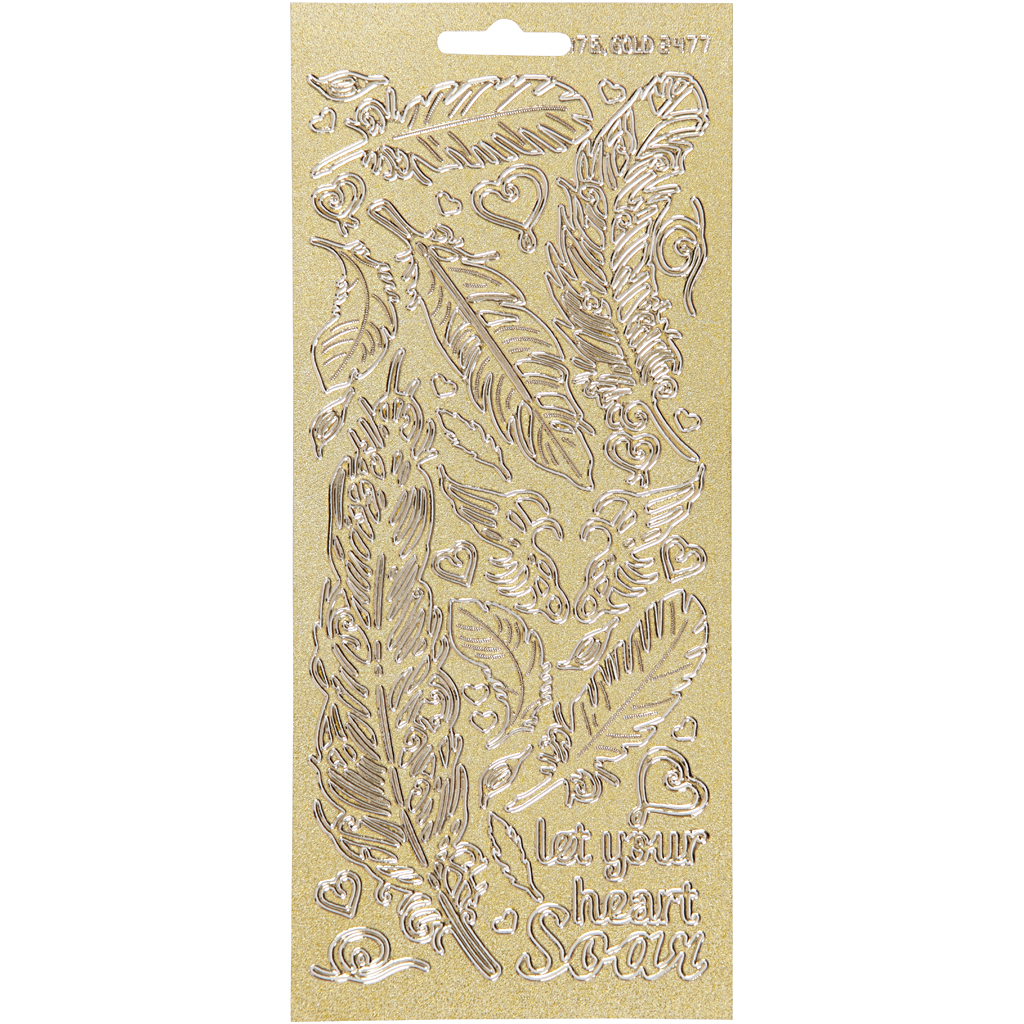 Stickers, guld, fjädrar, 10x23 cm, 1 ark Gull