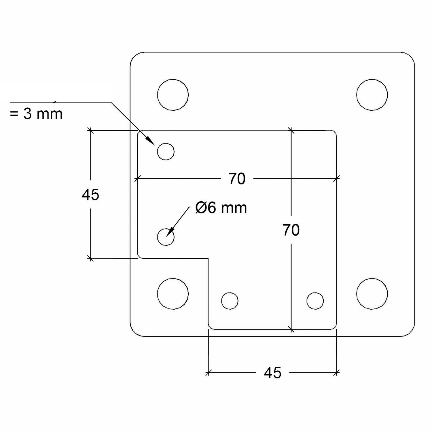 Stålstolpe PLUS Hjørne med Fot til Rekkverk med Bolter 4,5 x 4,5 cm