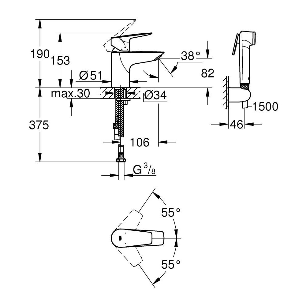 Tvättställsblandare Grohe Start Edge S 23773001 med Sidodusch
