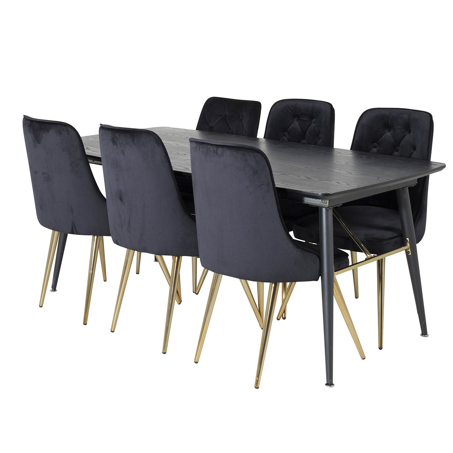 Gold Extention table-Black Veneer+Velvet Chair-Black/Brass_6 Sort/Sort/Messing, Sammet