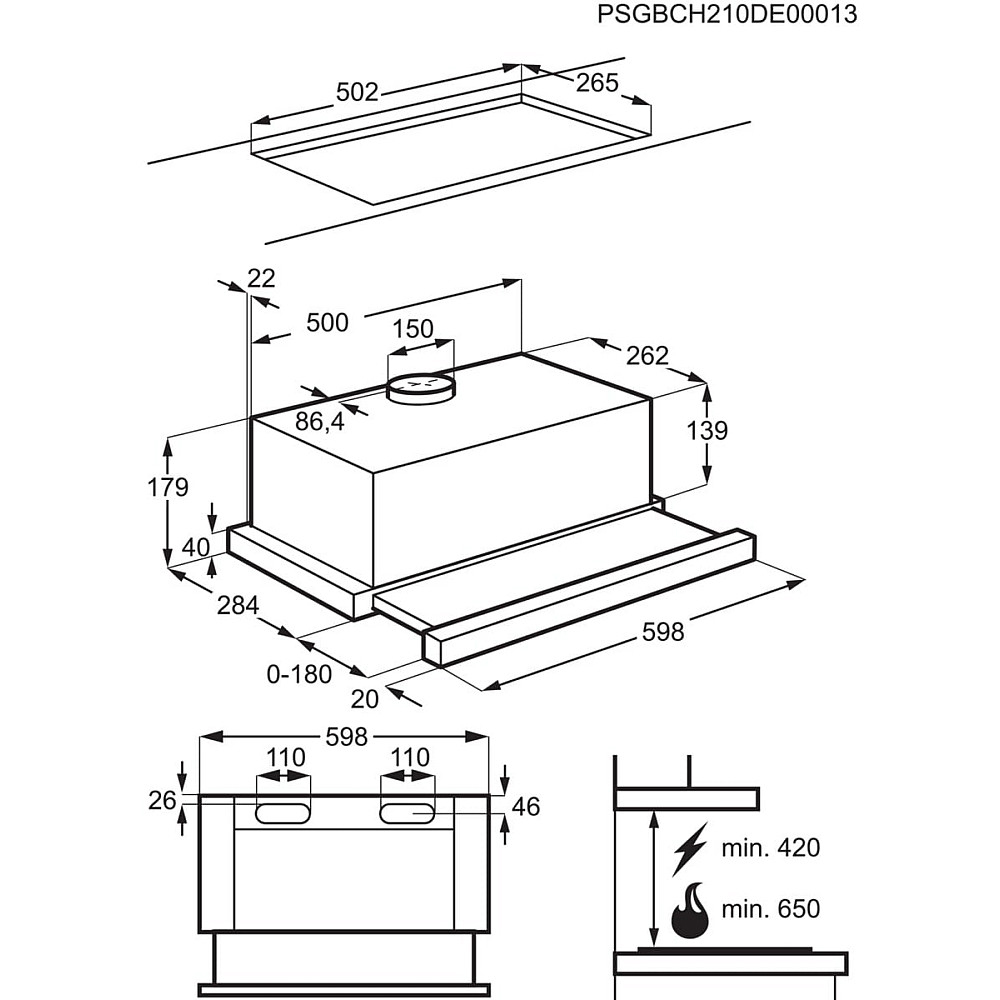 Fritthengende Kjøkkenvifte Electrolux LFP326FB Sort 60 cm med LED-belysning