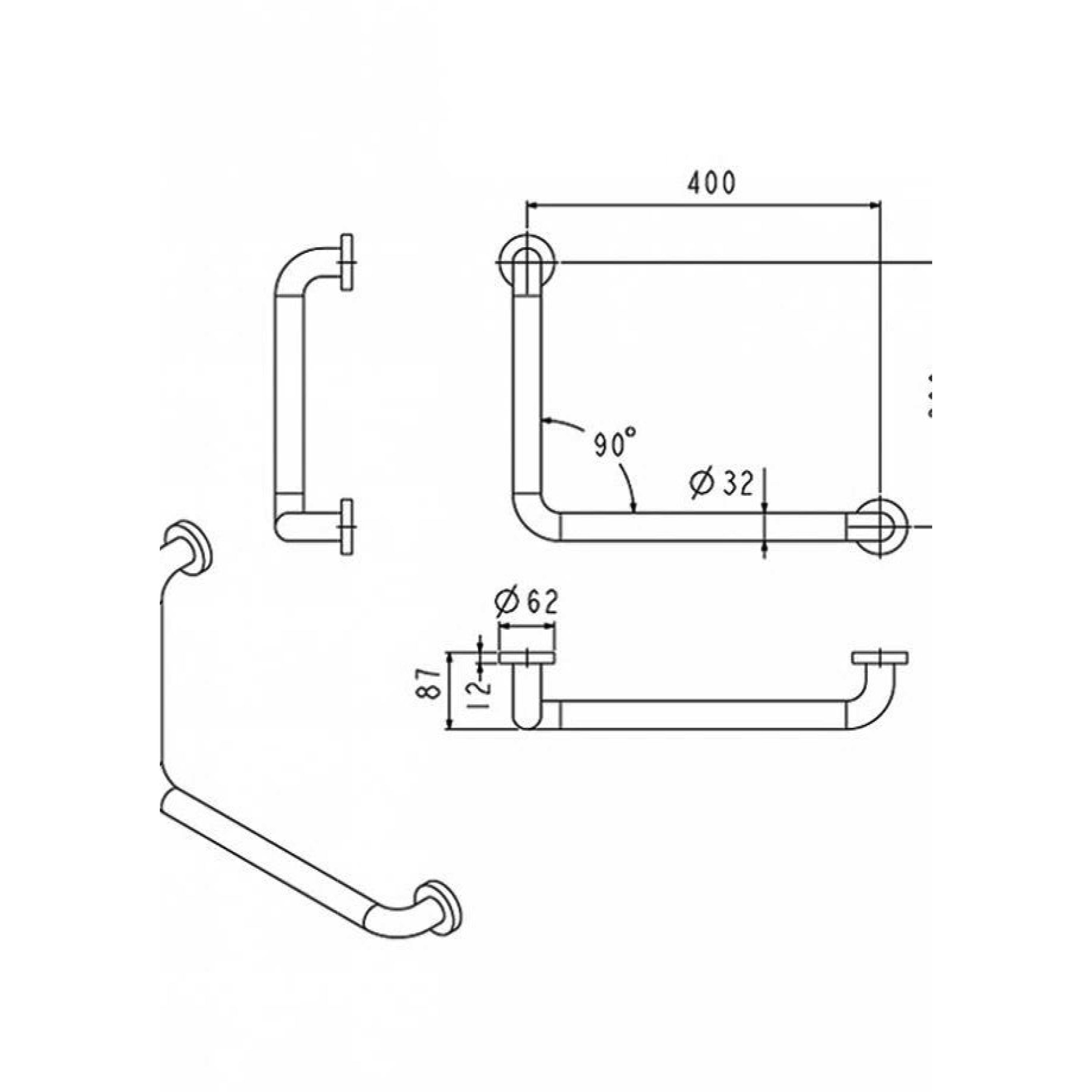 Stödhandtag med rät vinkel GRABBA TS791A 300x400 mm, Høyre