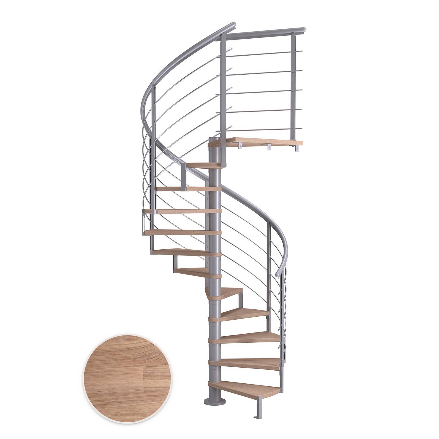 MONTREAL spiral ek vit oljad pearl grey DESIGN 13T Ø140 Pearl Grey, D: 1400 mm, Høyde gulv til gulv: 2910-3330 mm, 13+1 trinn