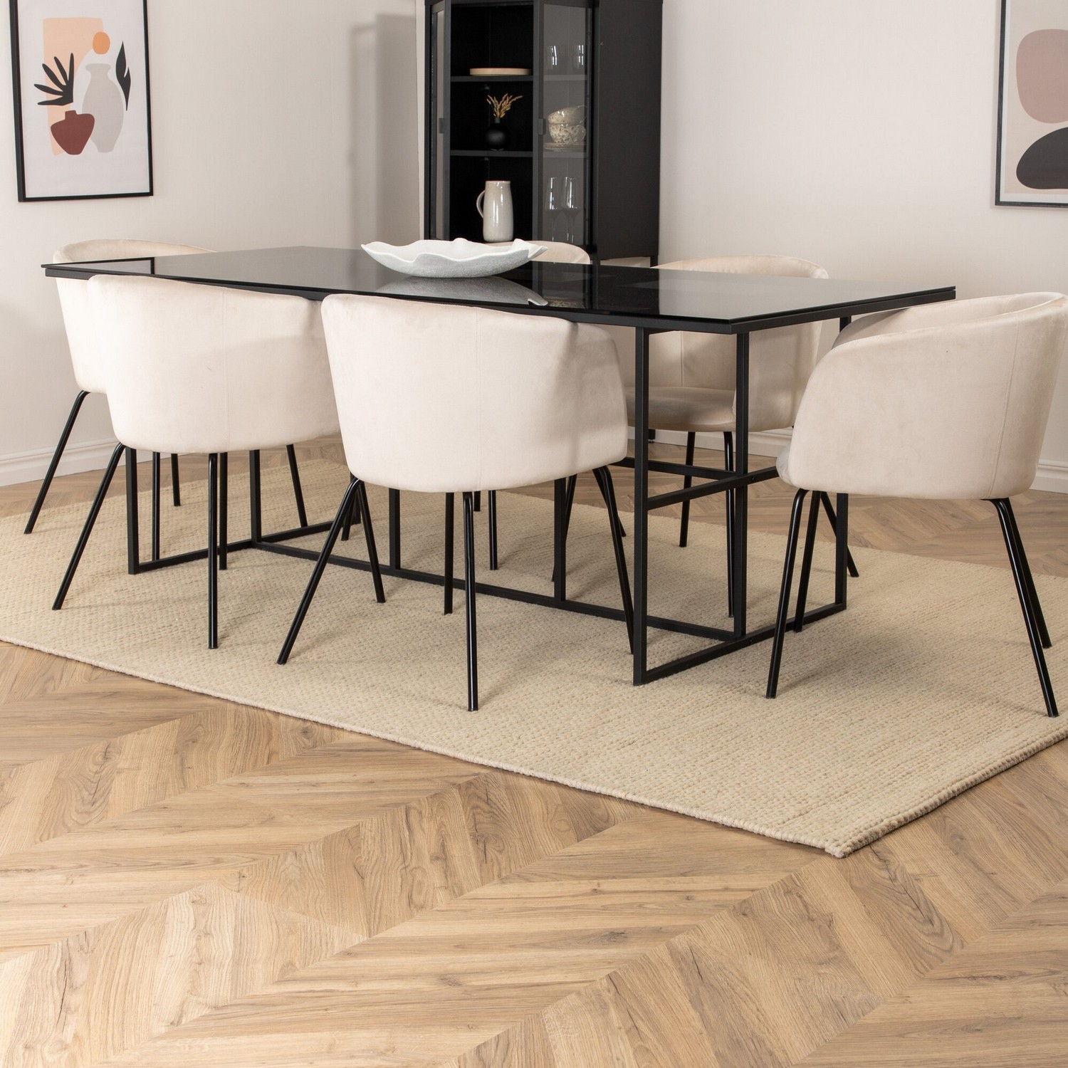 Leif Dining Table - Black / Black smoked smoked Glass+Berit Beige