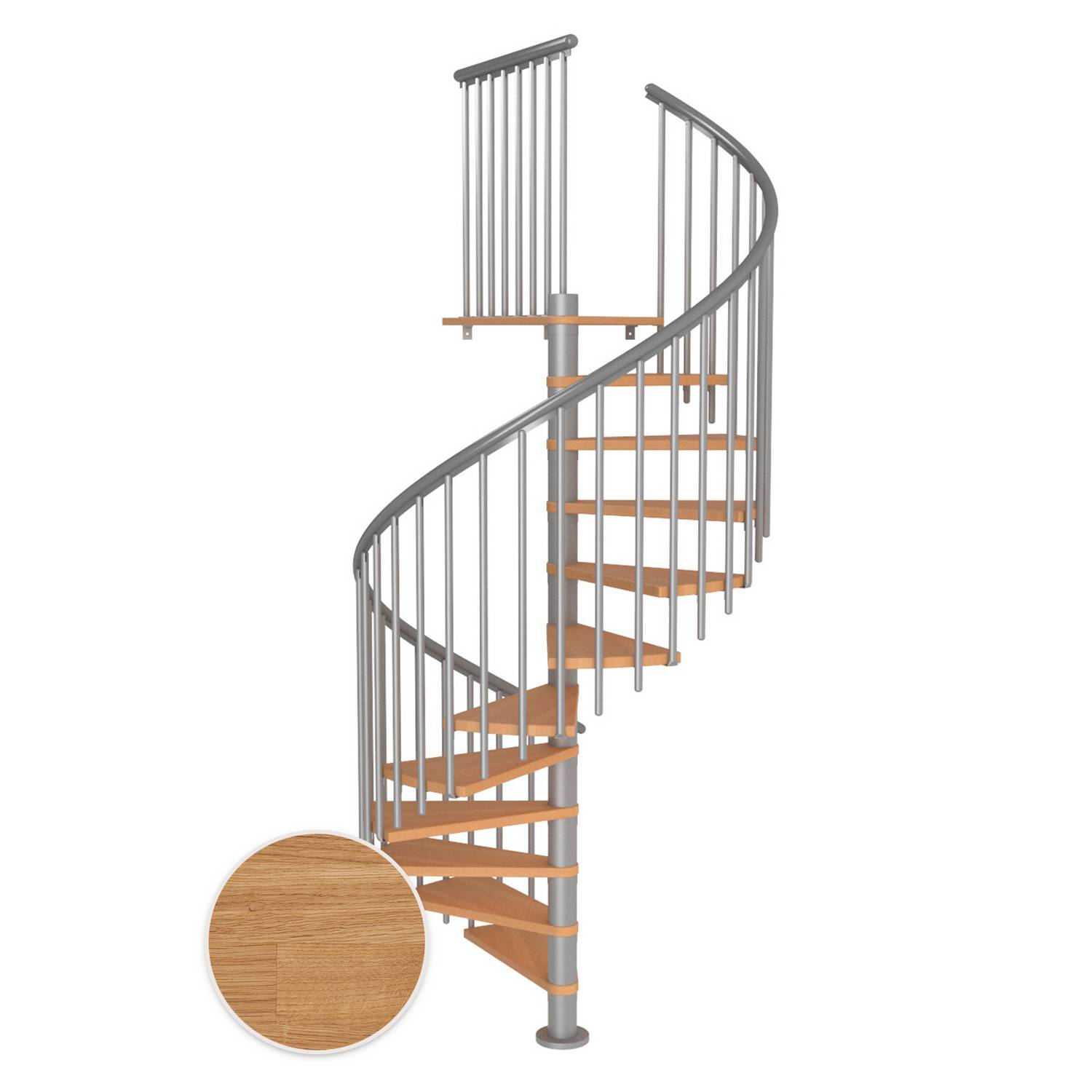 MONTREAL spiral ek oljad pearl grey CLASSIC4 11T Ø160 Pearl Grey, D: 1600 mm, Høyde gulv til gulv: 2500-2860 mm, 11+1 trinn