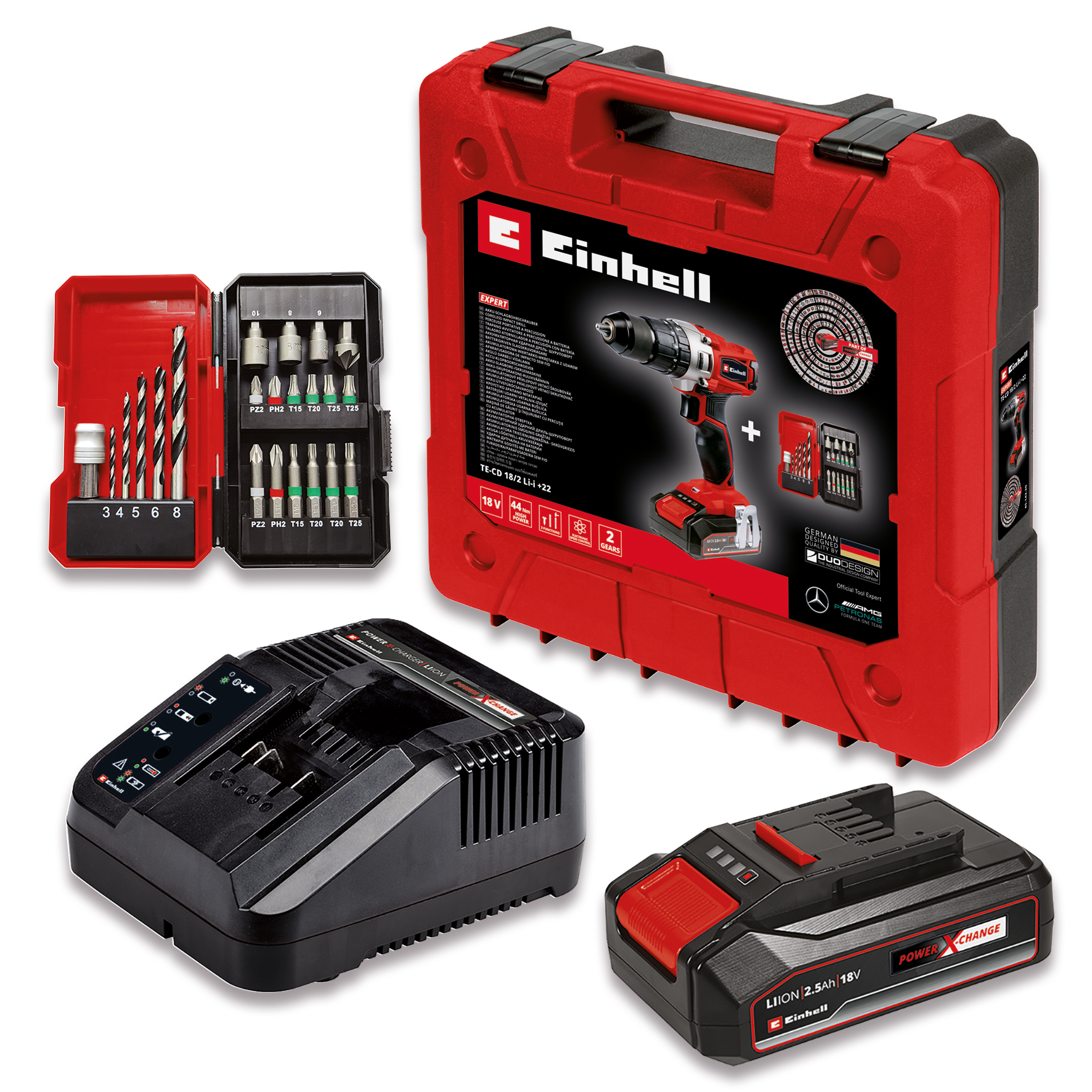 Slagbormaskinsett Einhell TE-CD 18/2 Li-i med 1x2,5 Ah Batteri og 22 delers Bit- og Borrsett