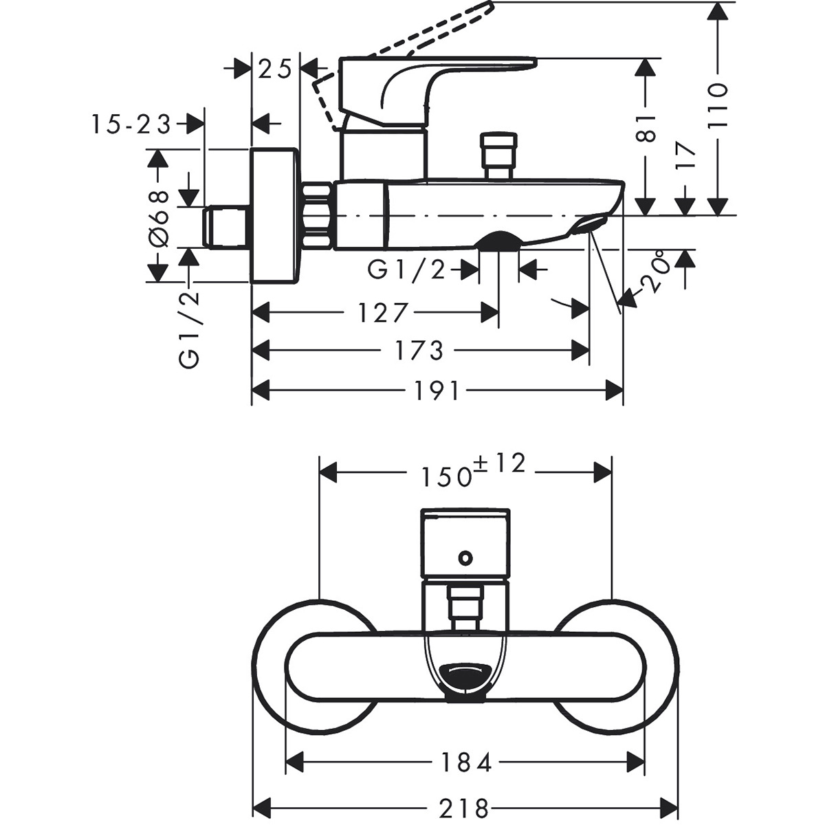 Dusj- og Badekarbatteri Hansgrohe Rebris S 1-grep 150 cc