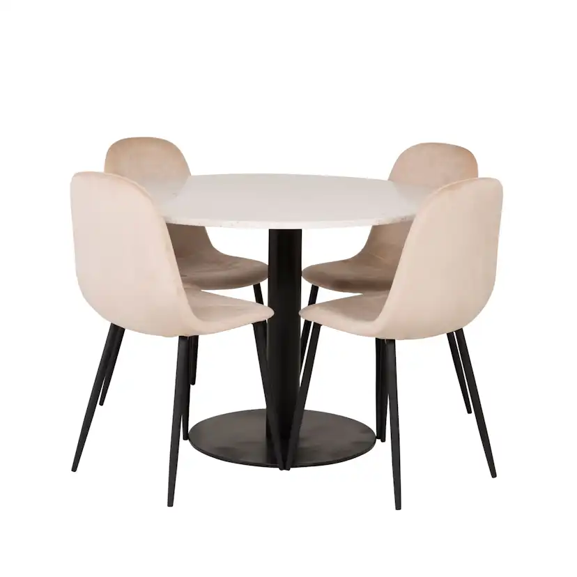 Spisegruppe Venture Home Roxanna HHvitBord med 4 Pobbie Stoler Fløyel