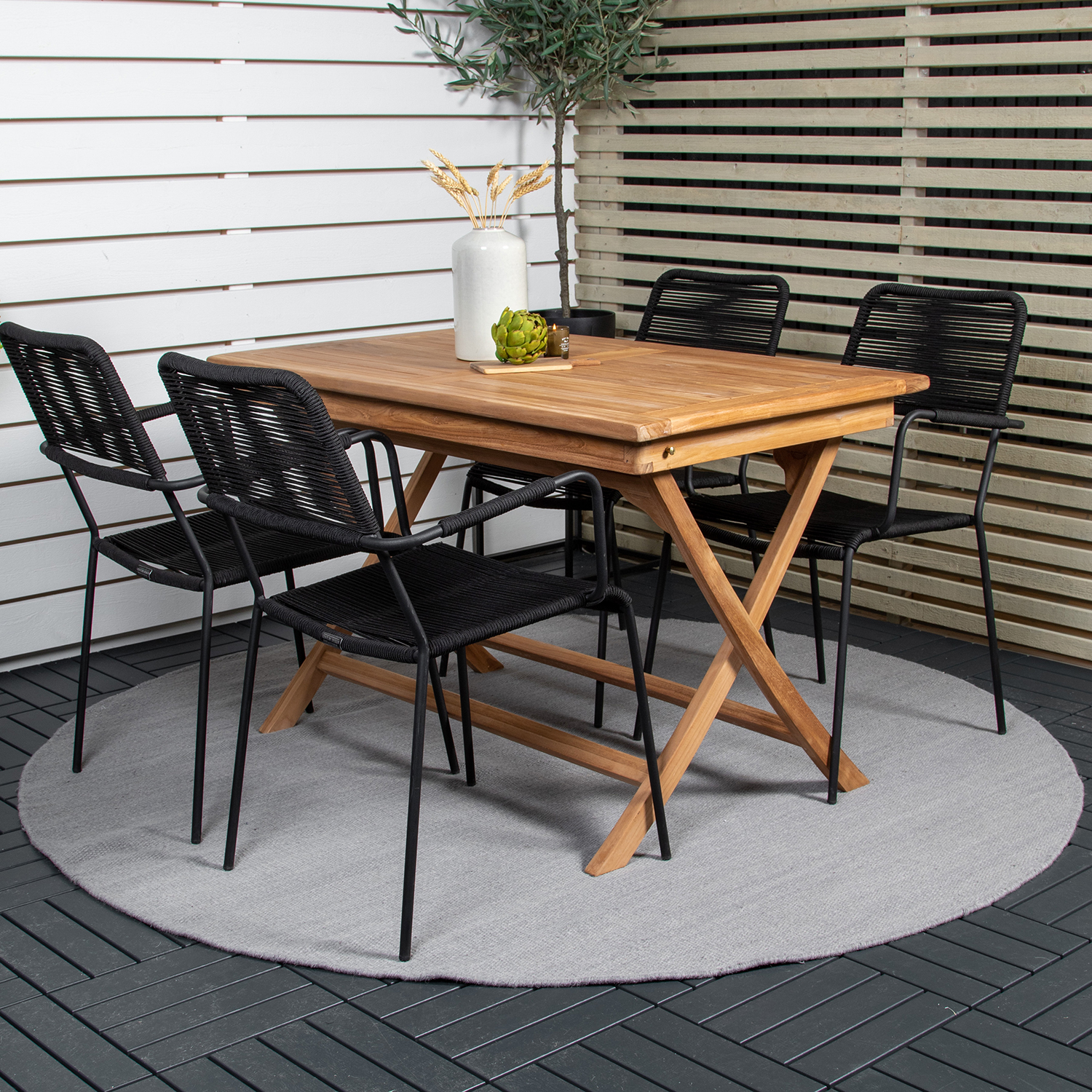 Spisegruppe Venture Home Kenya 120x70 Teak med 4 Lindos Lenestoler