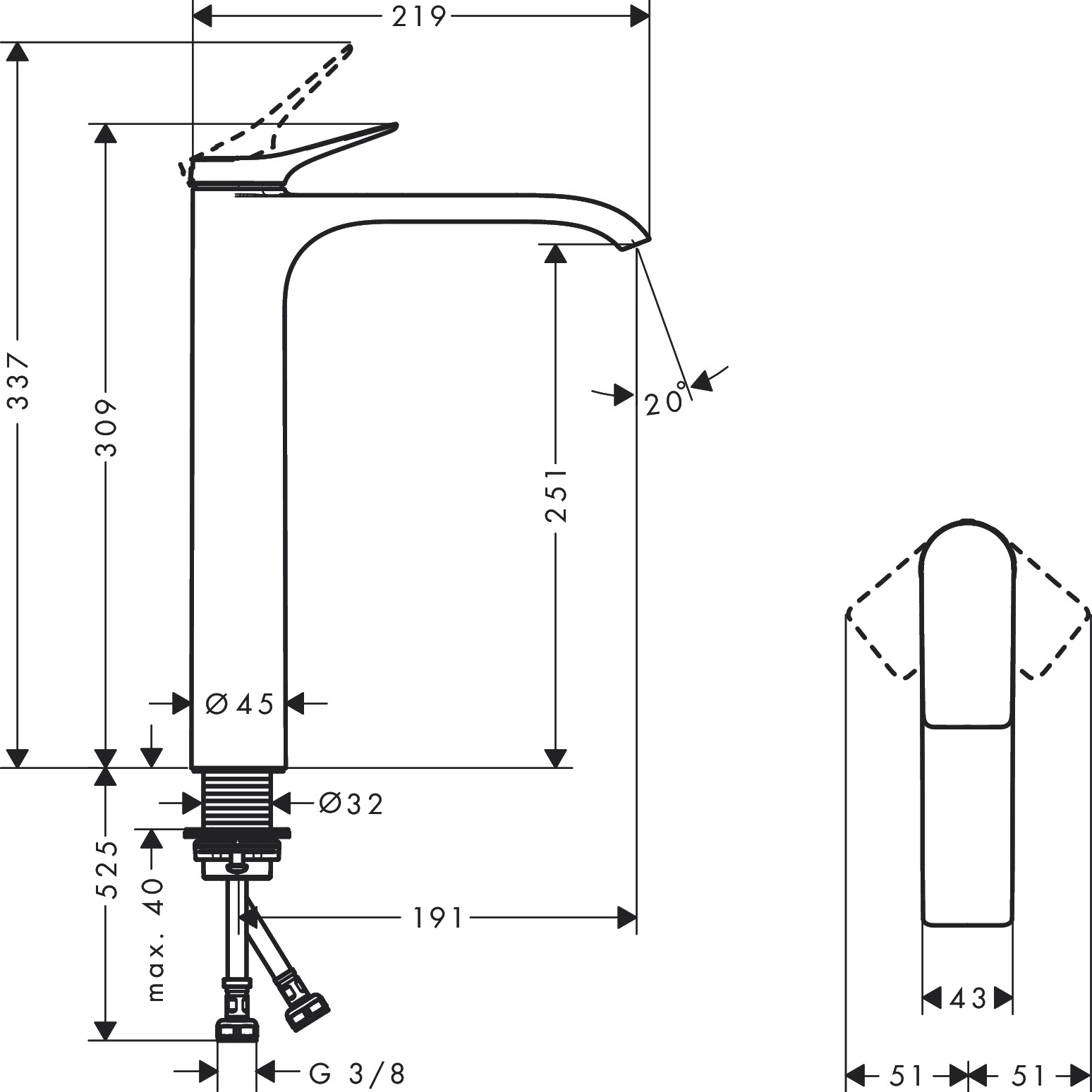 Servantbatteri Hansgrohe Vivenis 250 Waterfall uten Bunnventil