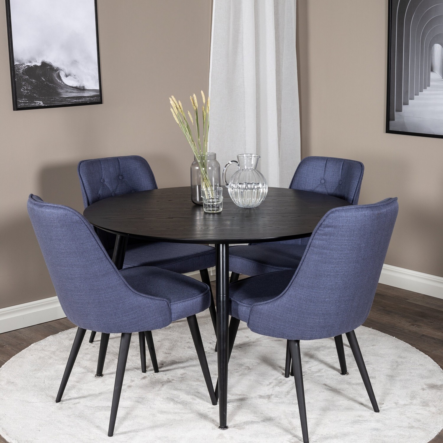 Dipp Table - Black Veneer / AllVelvet Chair -Blue Fabric_4 Sort/Blå