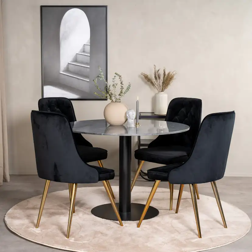 Spisegruppe Venture Home Estelle Rund med 4 Vera Stoler Fløyel