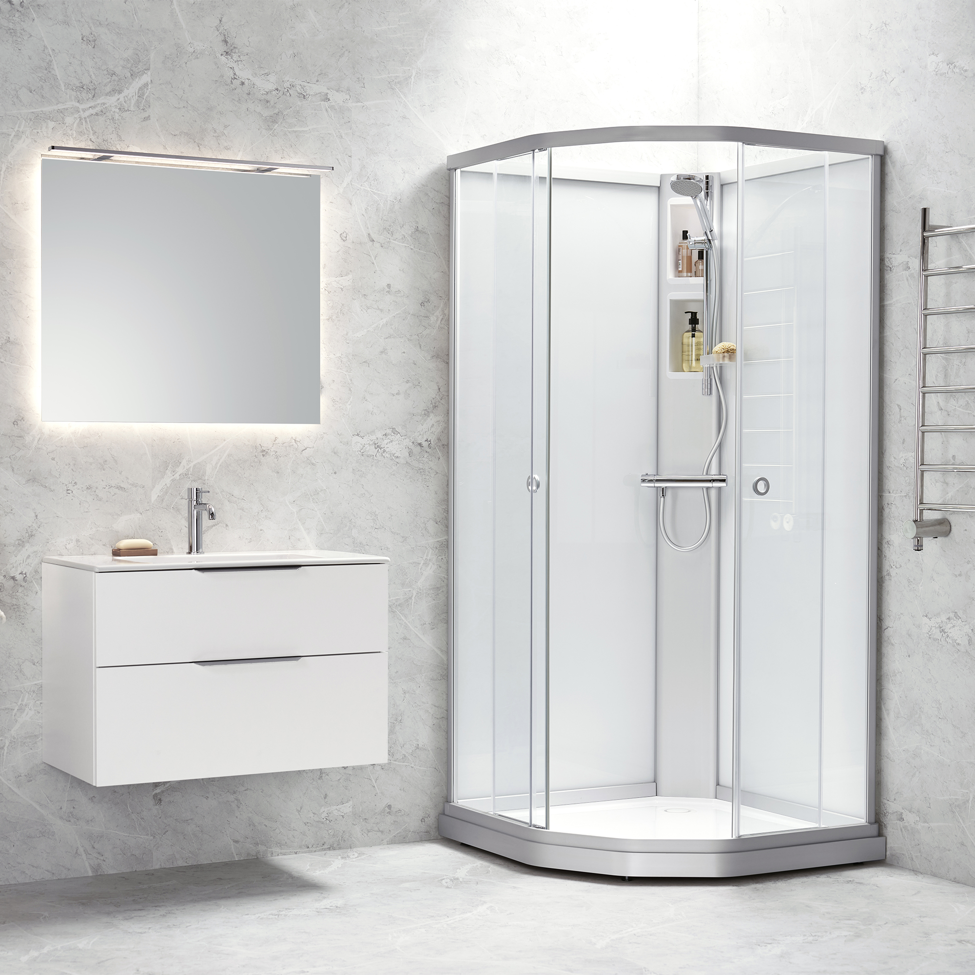 Flow kab Semi InkBl 8x8 N KL 810x810x2020 mm, Matt aluminium Profil, Klart Glass