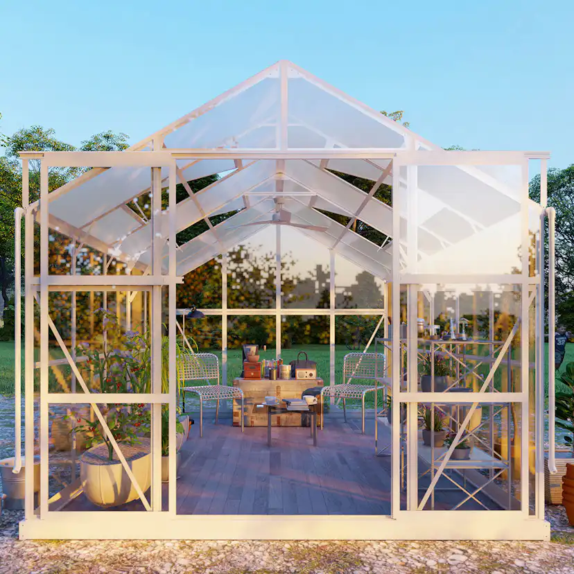 Växthus 6,4m², glas, pc-tak (250X257X228CM), Vit Hvit