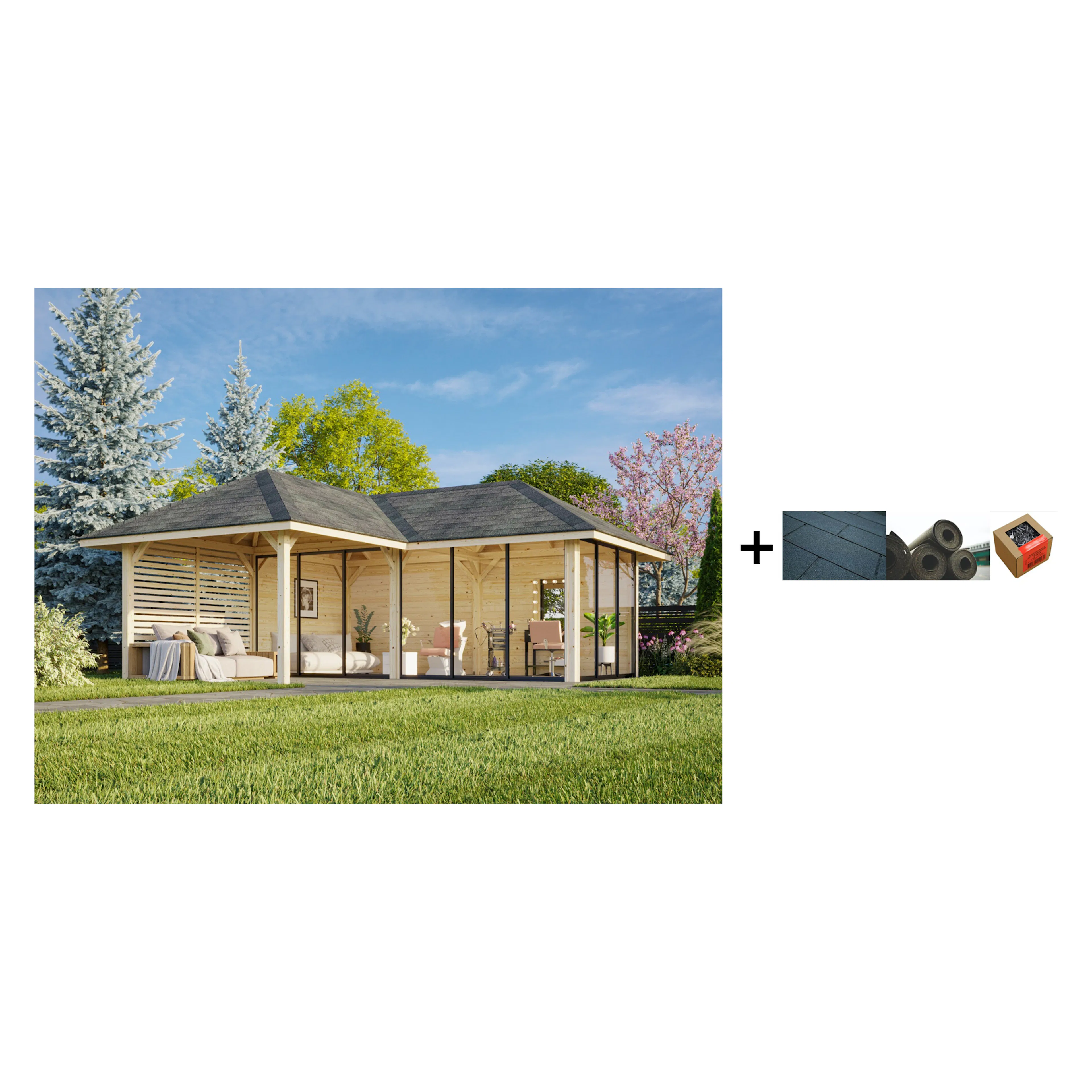 Hagestue Palmako Bianca 24,9 m2 Sett 214 Slide med Shingel, Papp og Spiker