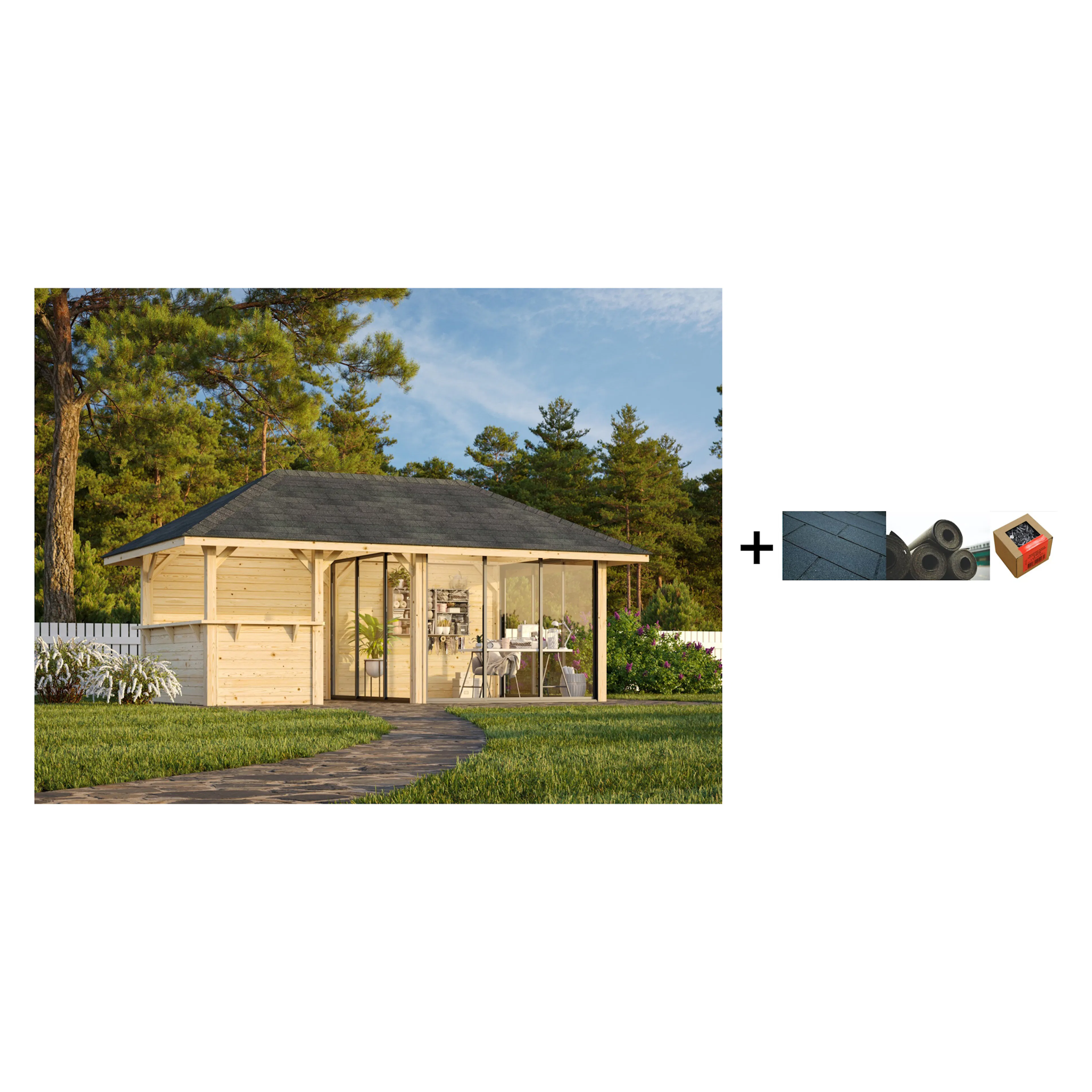 Hagestue Palmako Bianca 16,6 m2 Sett 208 Slide med Shingel, Papp og Spiker