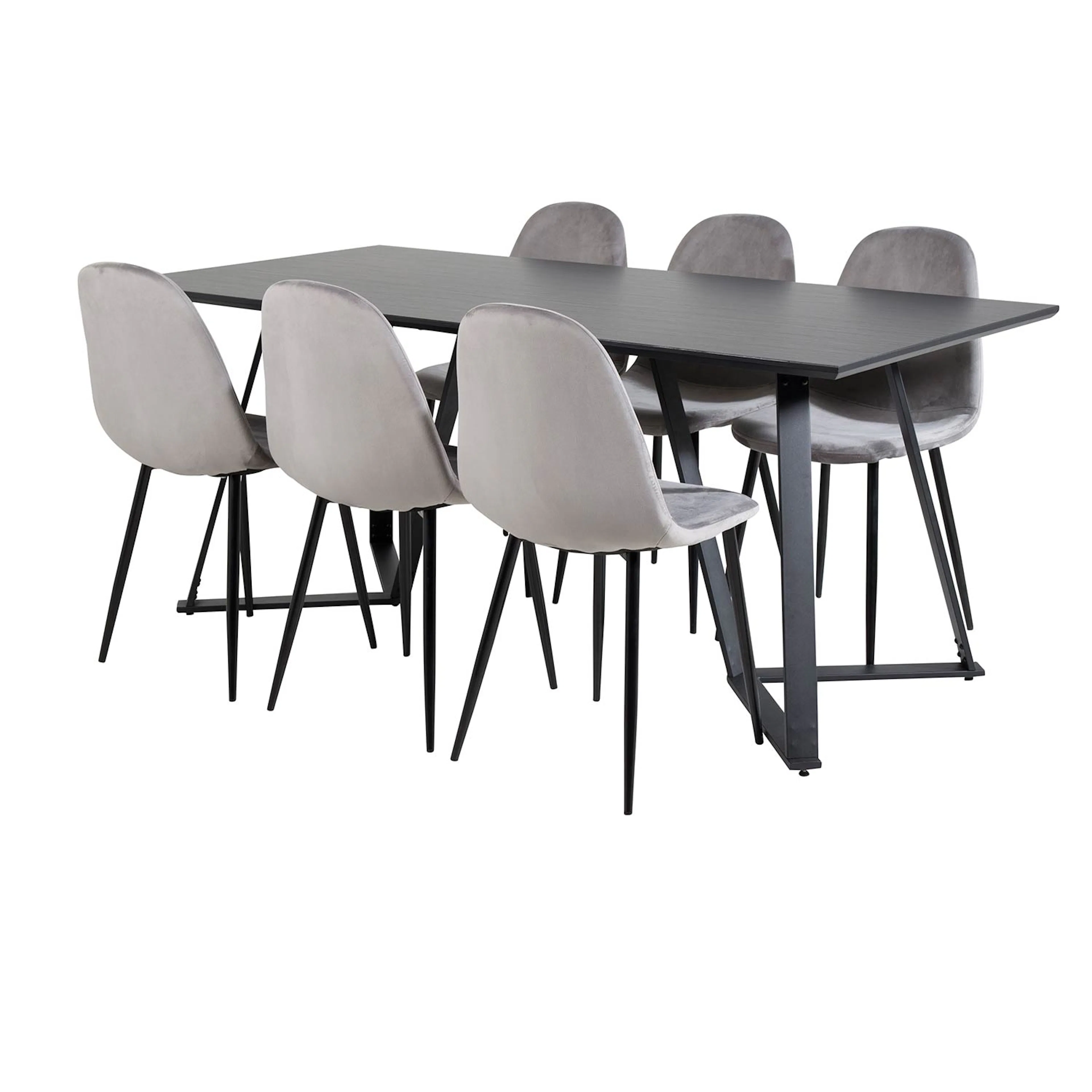 Marina Table-Black top/+Polar Chair-/ljusgrå Velvet_6 Sort/Lysegrå