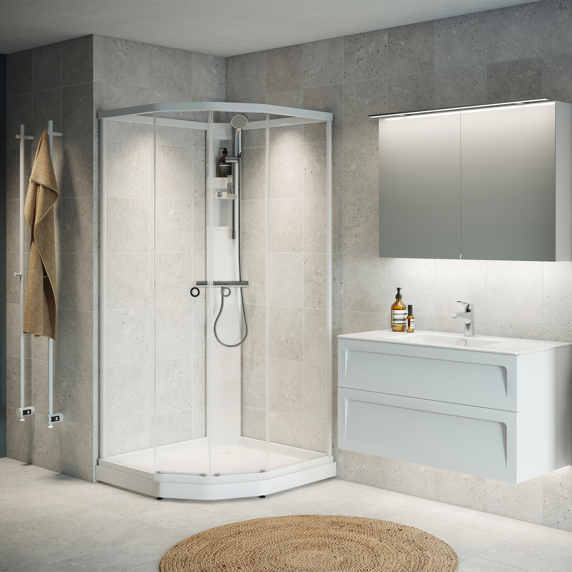 Flow kab Semi InkBl 8x8 N KL 810x810x2020 mm, Matt aluminium Profil, Klart Glass