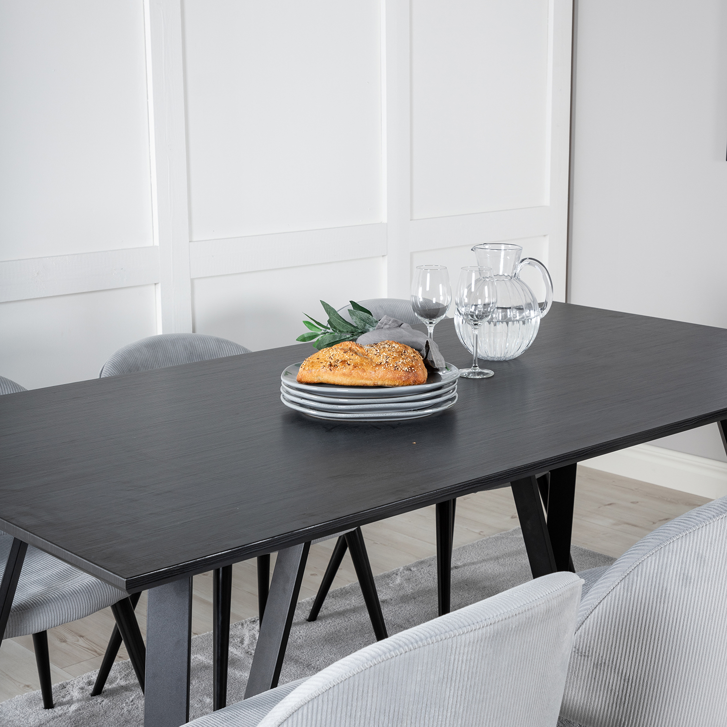 Marina Table-Black top/Velvet Chair Corduroy-ljusgrå/Black_6 Sort/Grå