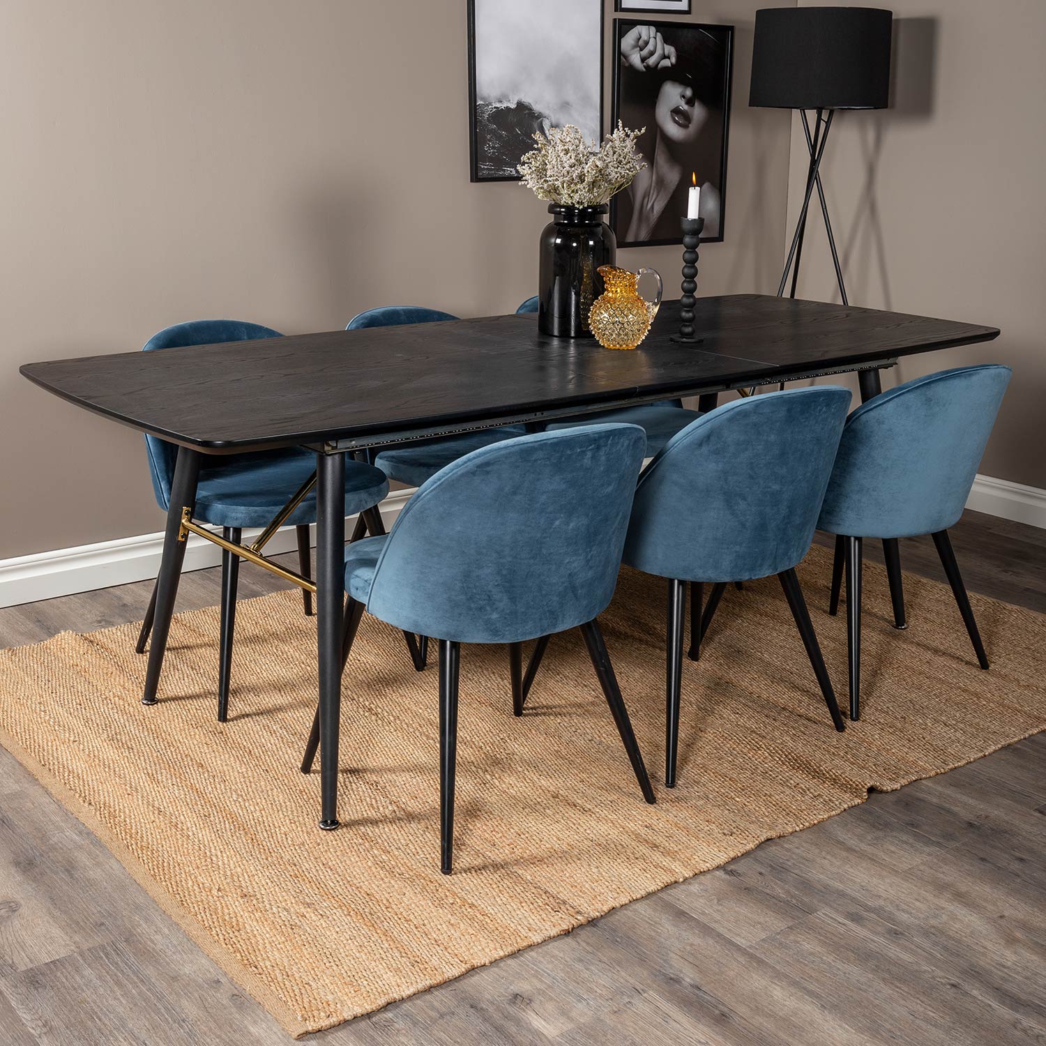 Spisegruppe Venture Home Gold med 6 Velvet Stoler
