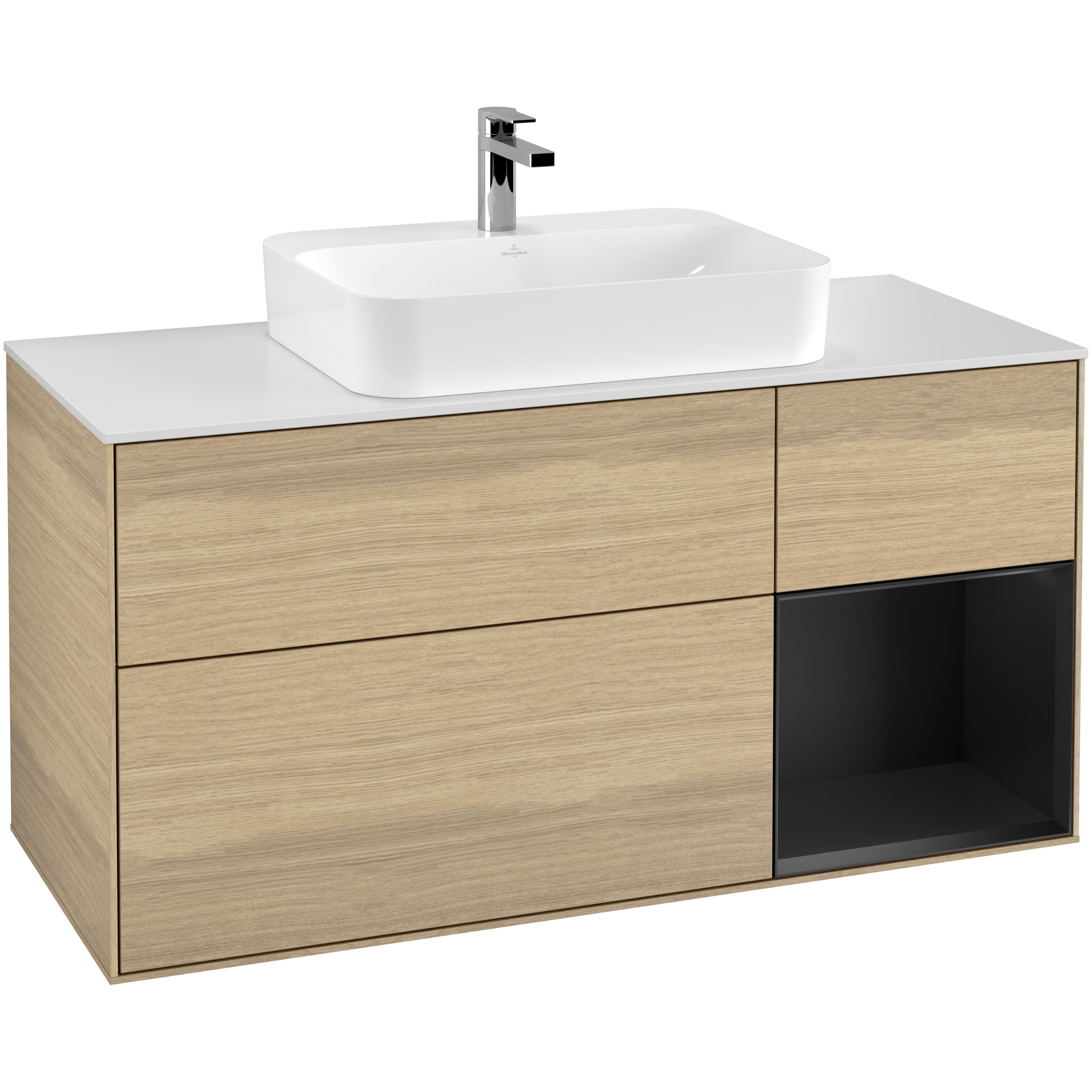 Tvättställsskåp Villeroy & Boch Finion F421PDPC Ekfanér/Svart Mattlack med bänkskiva i Mattvitt glas, Lucka Höger