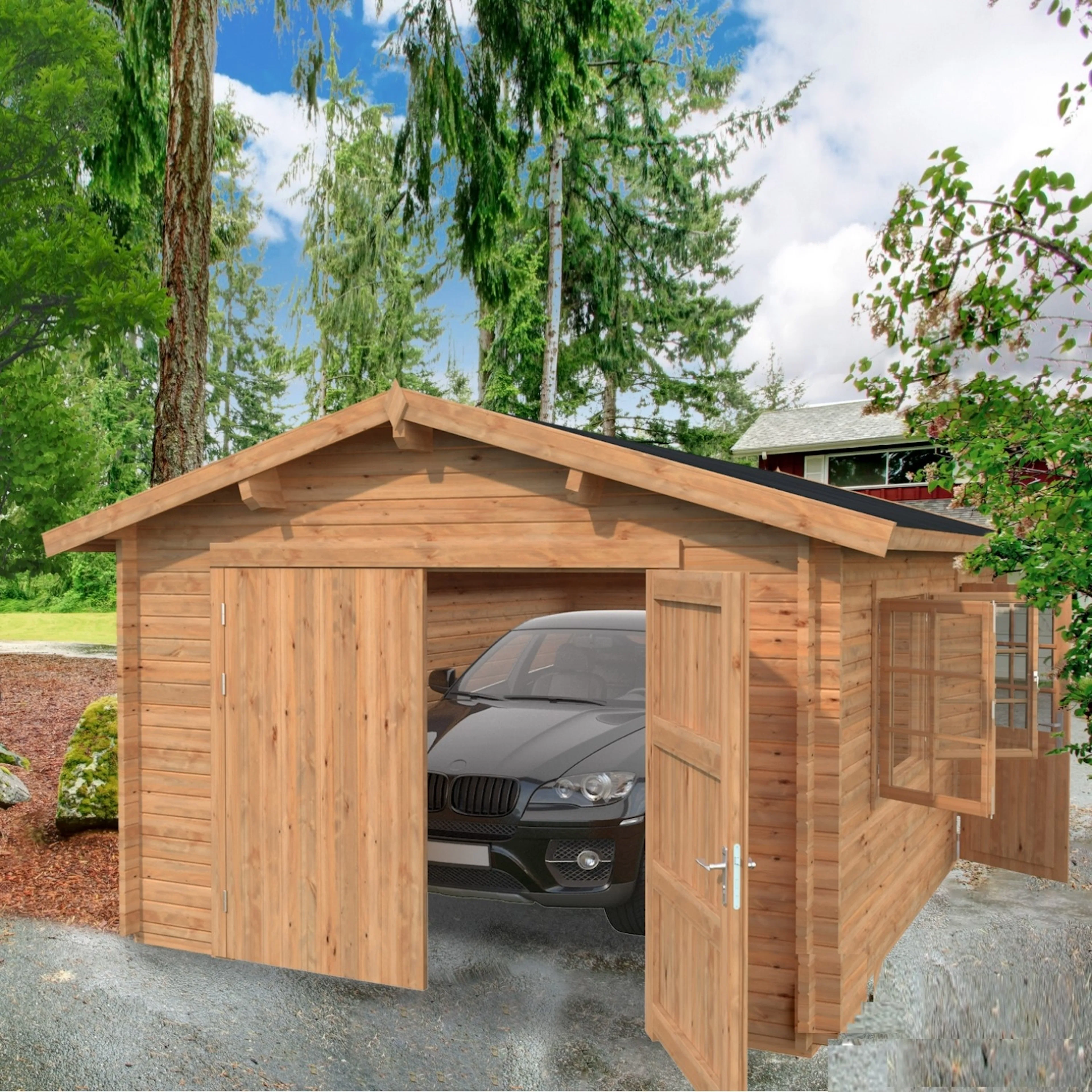 Garage Roger 19,0 m2 med dörr Ubehandlet tre