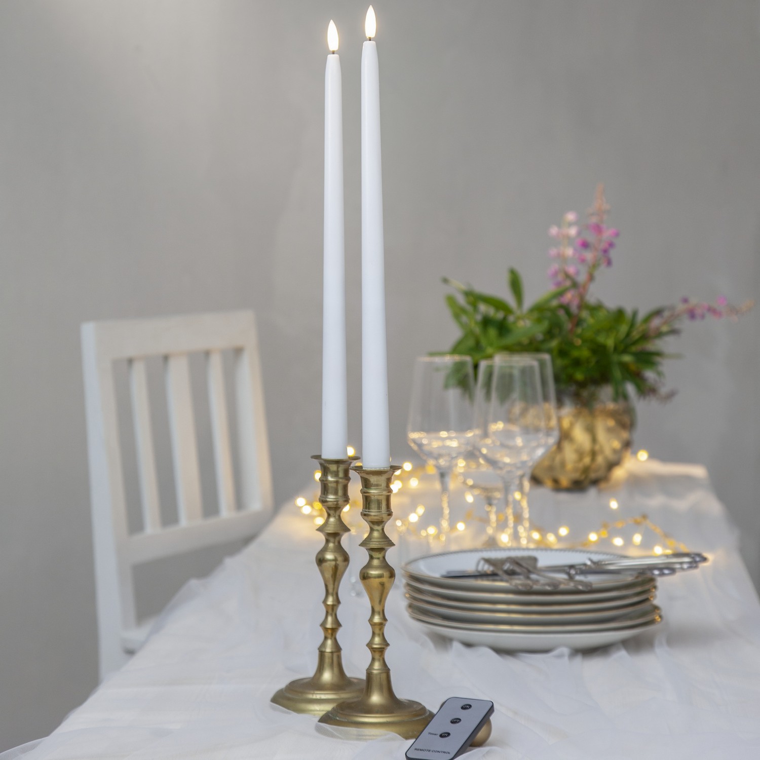 Antikklys Star Trading 2p Flamme Slim 38 cm Hvit