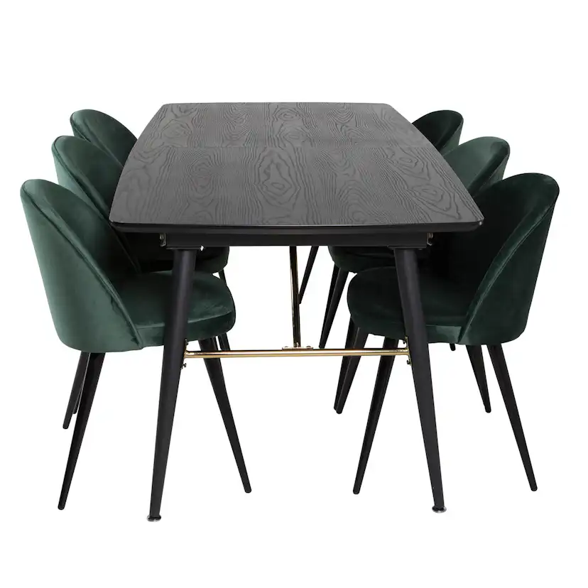Gold Extention table-Black Veneer+Velvet Chair-Green/Black_6 Sort/Grønn, Sammet